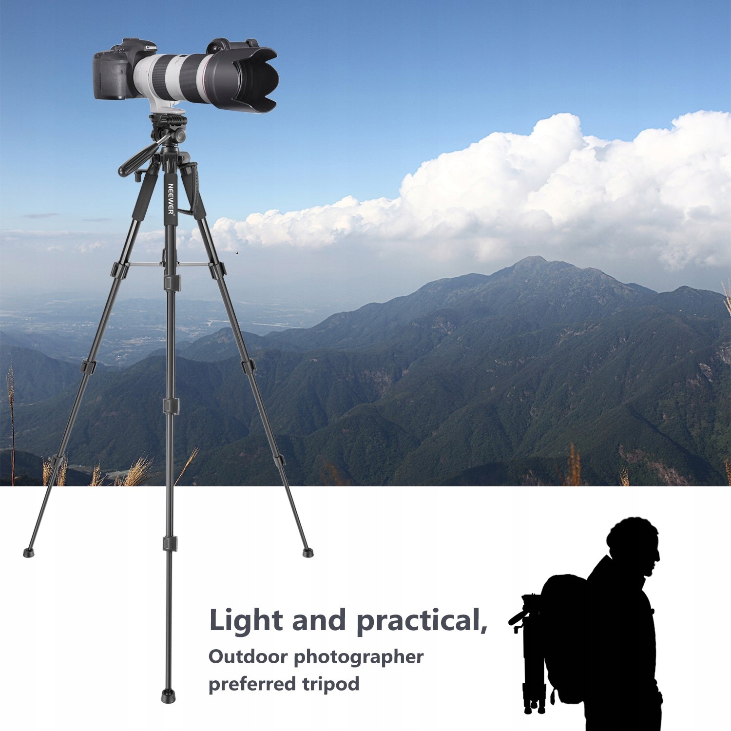 NEEWER Przenośny Statyw Aluminiowy 142cm z Głowicą 3D do DSLR i Kamer — miniatura 7