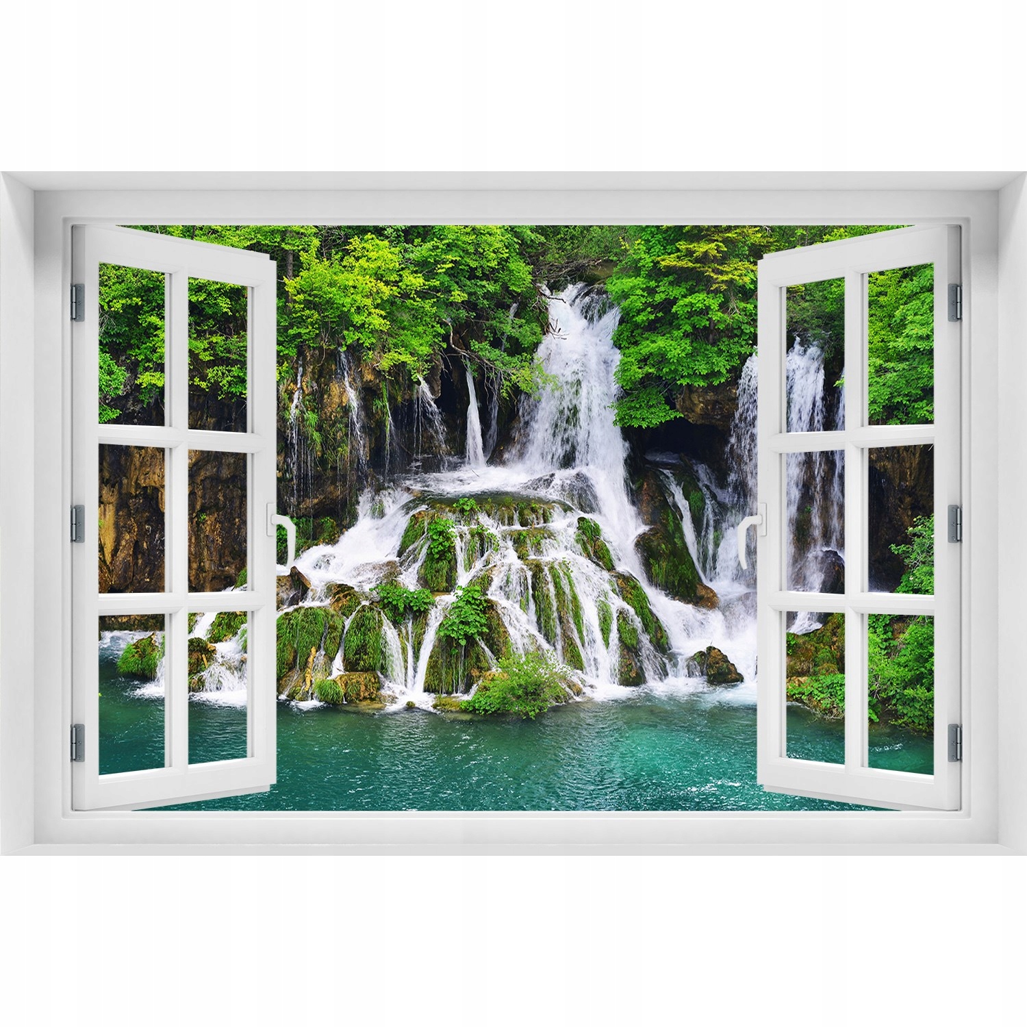 

Naklejka fototapeta Okno Wodospad w górach 150x100