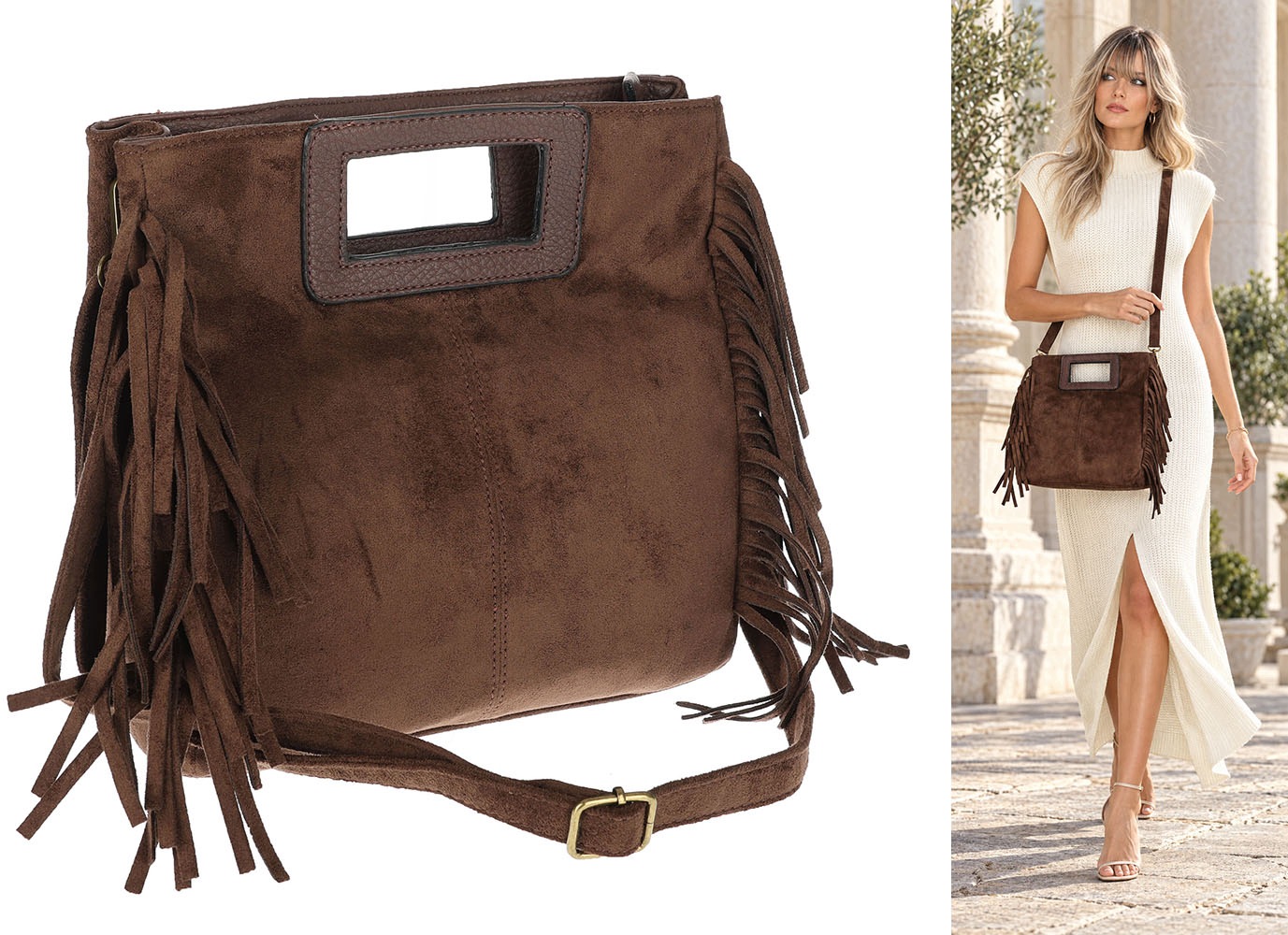 Dámská semišová kabelka s třásněmi do ruky i jako crossbody AM369 čokoládová