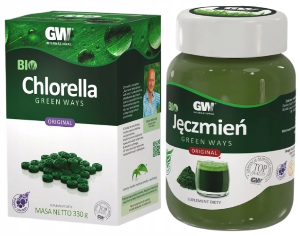 Bio Chlorella 330g (1320 tabletek) Bio Jęczmień 300g w proszku Zielonki