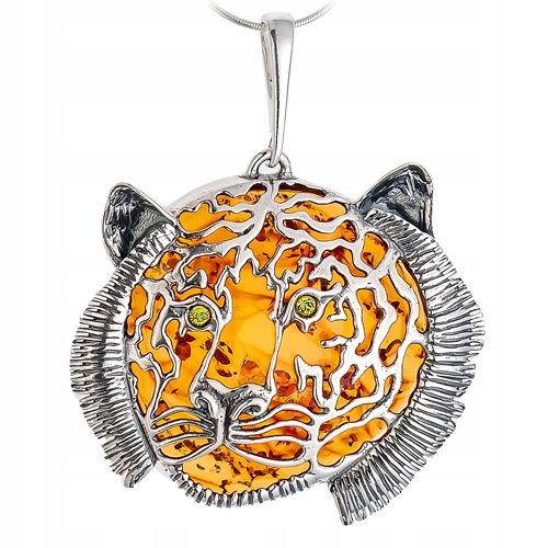 Stříbrný Přívěsek tygr kočka z baltský jantar ze stříbra 925 Velký Přívěsek