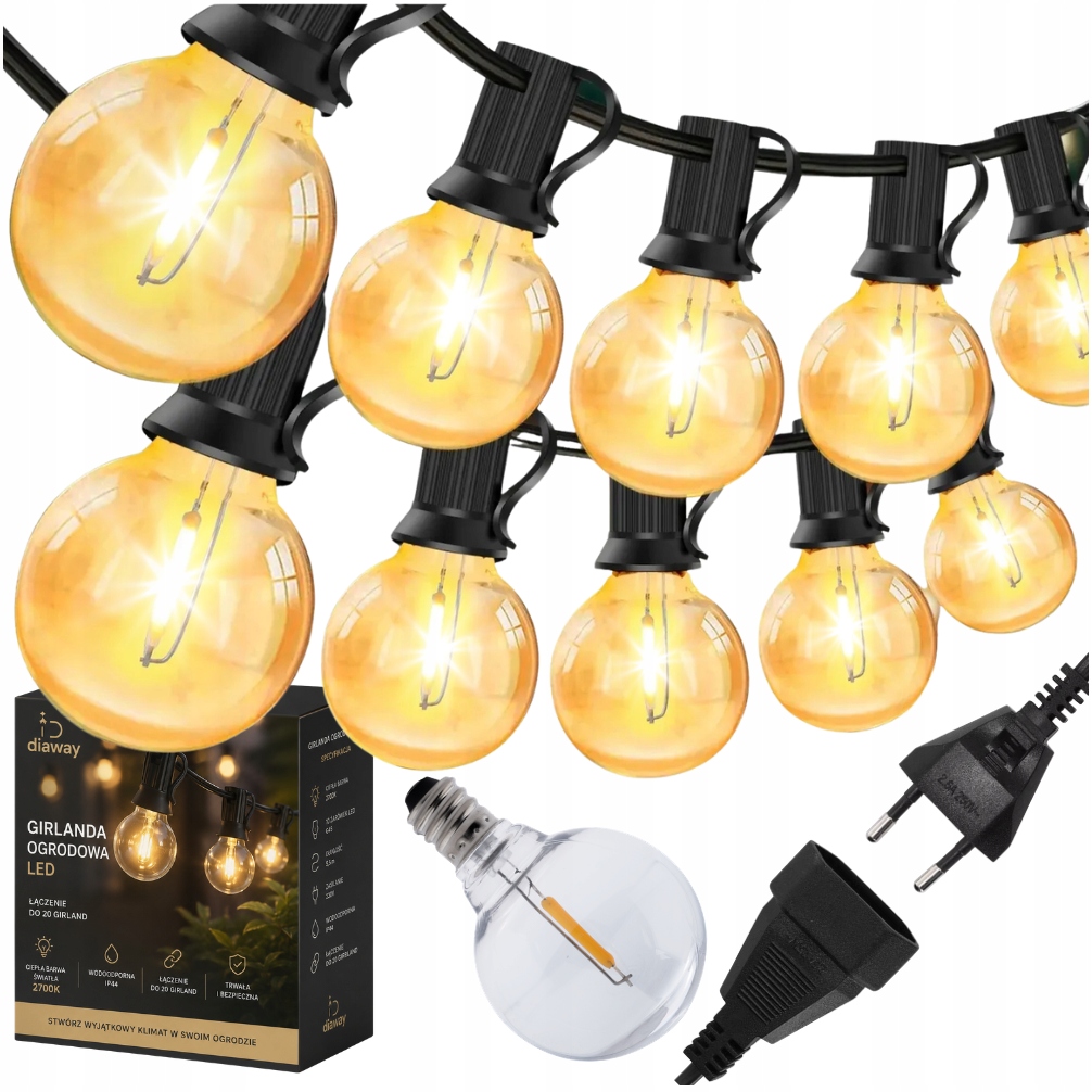 Zahradní Světelná Girlanda 20 M 50 Led Žárovka 2700K Lampy Voděodolná 230V