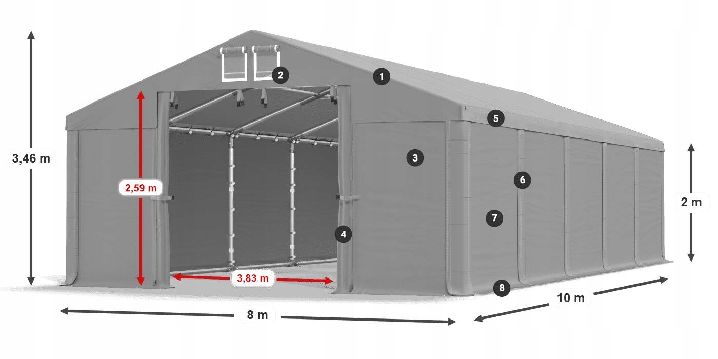 Namioty Przemysłowe 8x10m Całoroczne DAS 560 W Szerokość 8 m