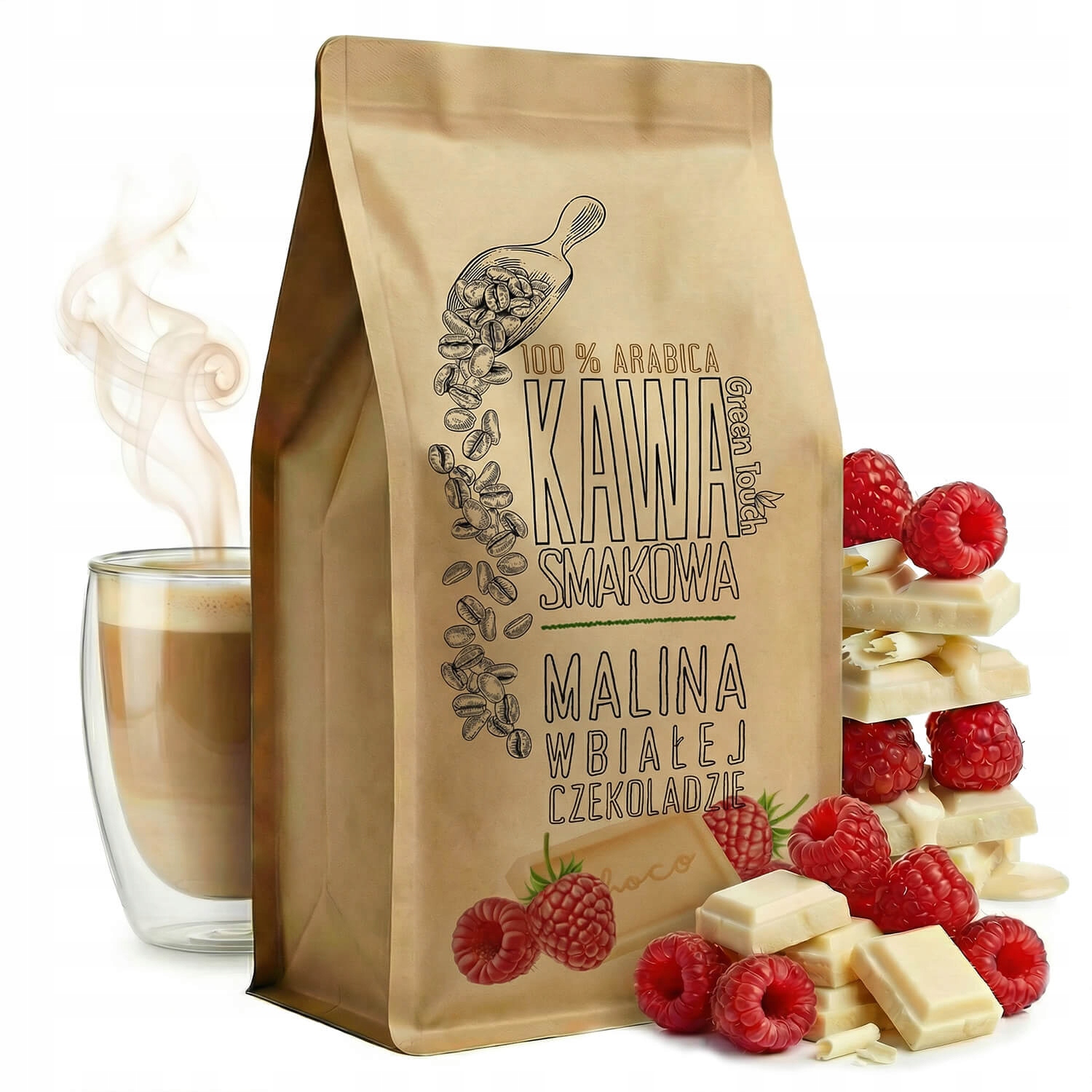 Levně Káva Malinová Zrnková S Bílou Čokoládou Arabica 1 kg Green Touch