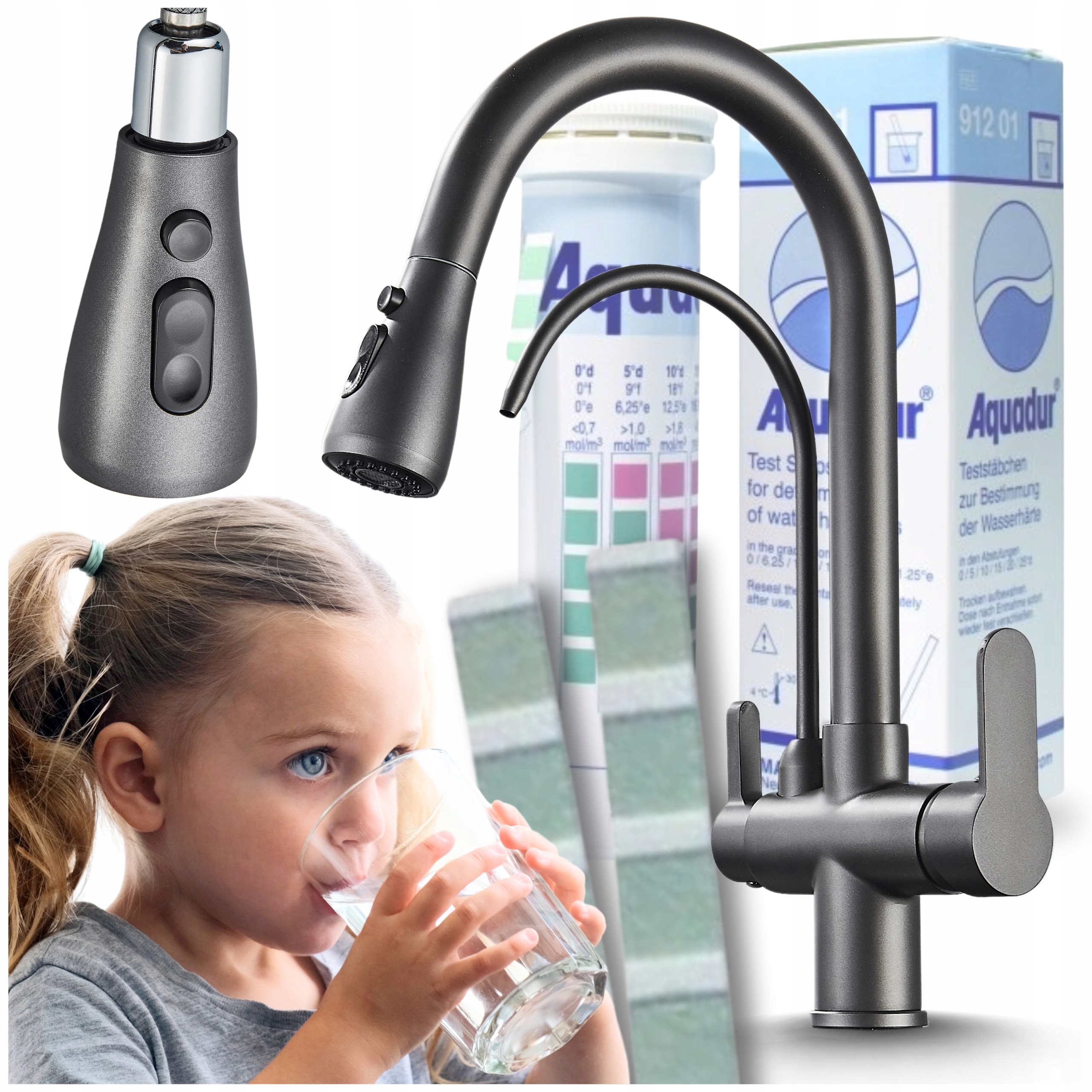 Kuchyňská baterie s vytahovací sprchou, vývodem pro filtr vody a trojcestným ventilem