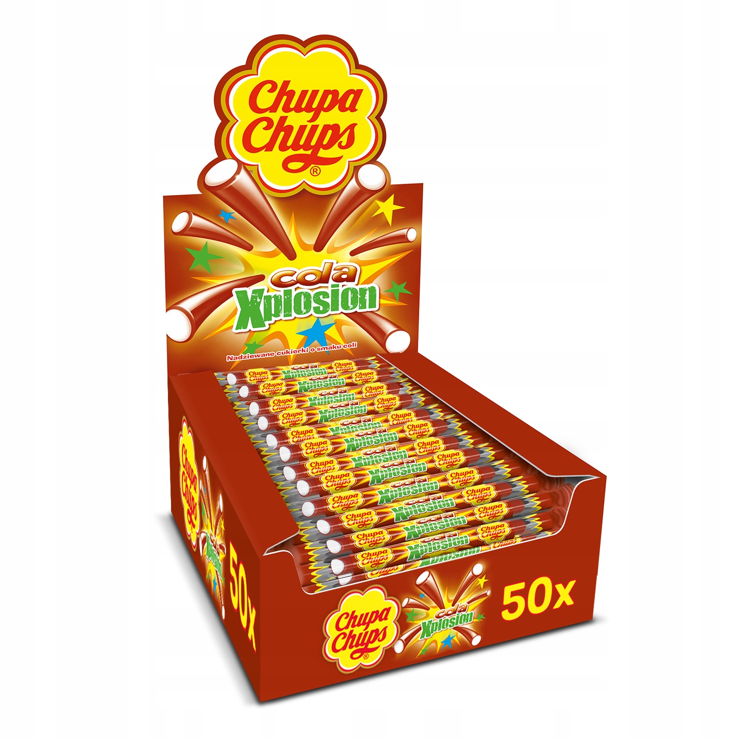 Zestaw Chupa Chups X-plosion długie nadziewane cukierki o smaku coli 50x10g