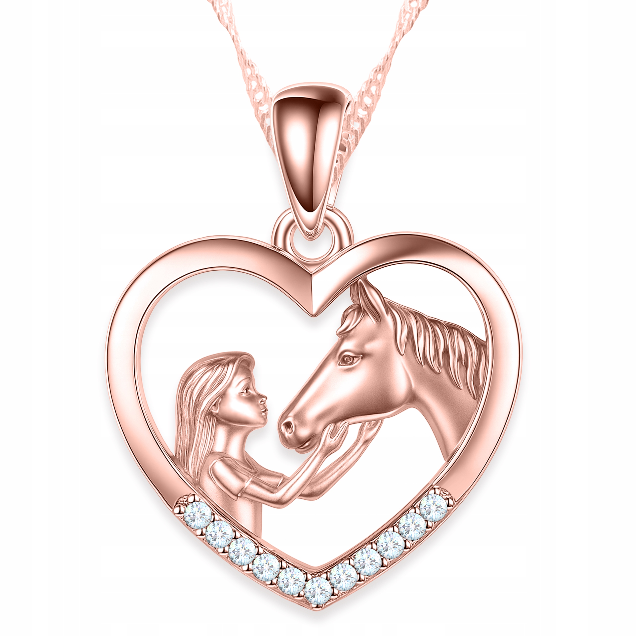 Náhrdelník s koněm Pozlacené srdce Zirkony Dívka a kůň Stříbro 925