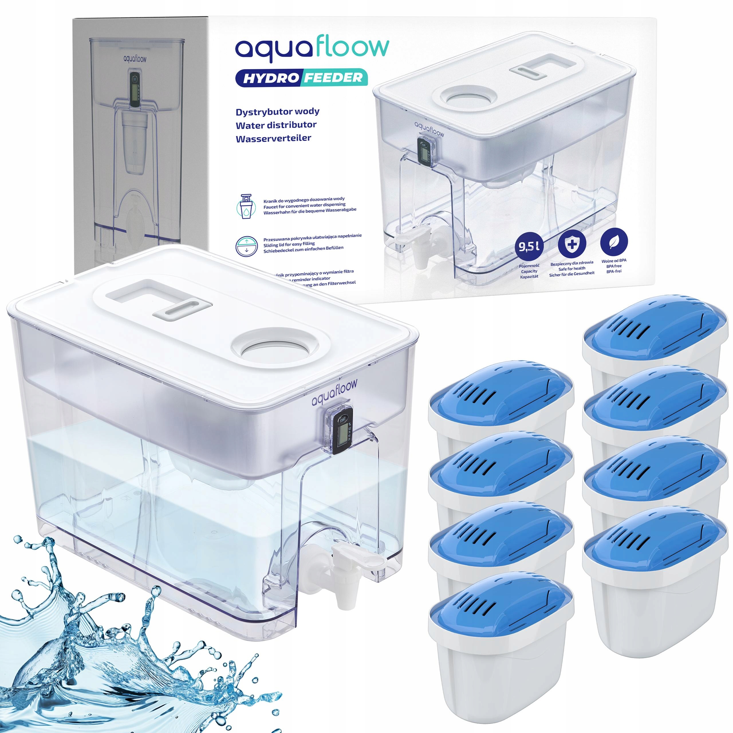 Distribútor vody AquaFloow XL 9,5 l veľká filtračná kanvica 8 magnéziový filter