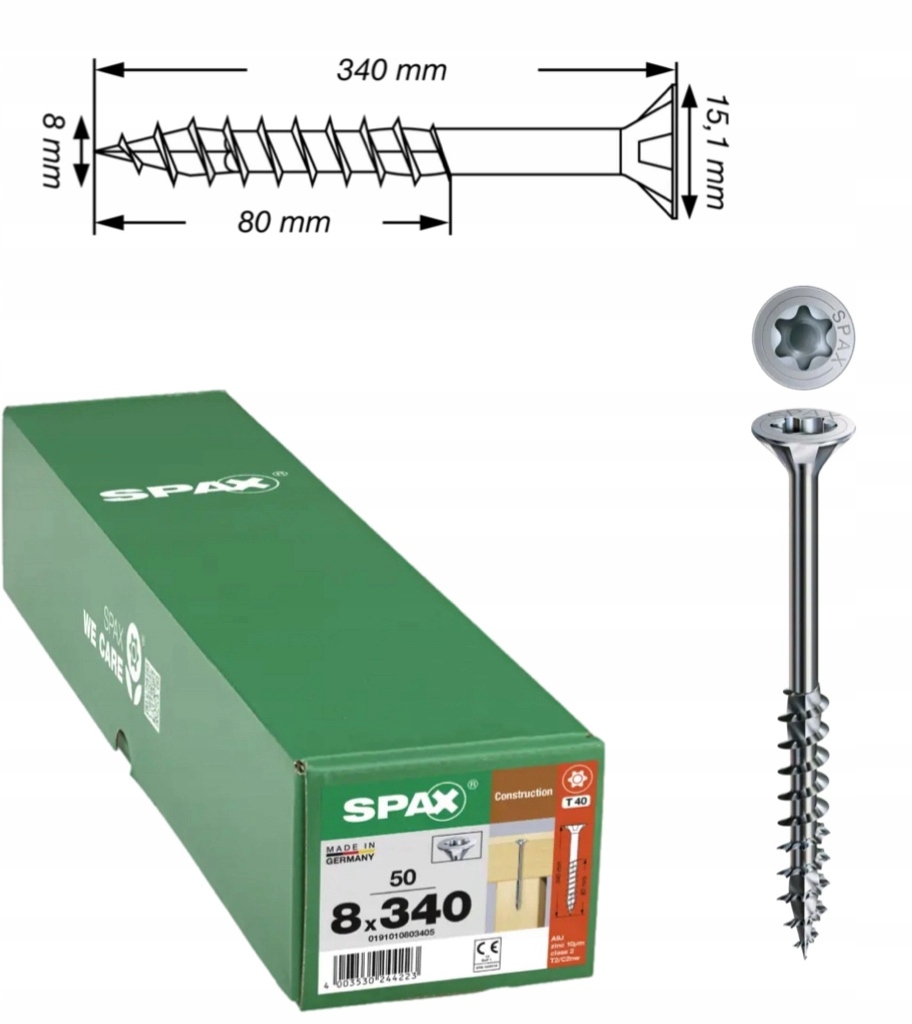 Univerzálne skrutky Wirox pre konštrukciu dreva Spax 8 x 340 mm 50 ks