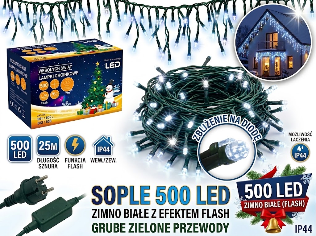 Rampouchy 500 Led Venkovní 25 m Studené Bílé Flash Silné Kabely
