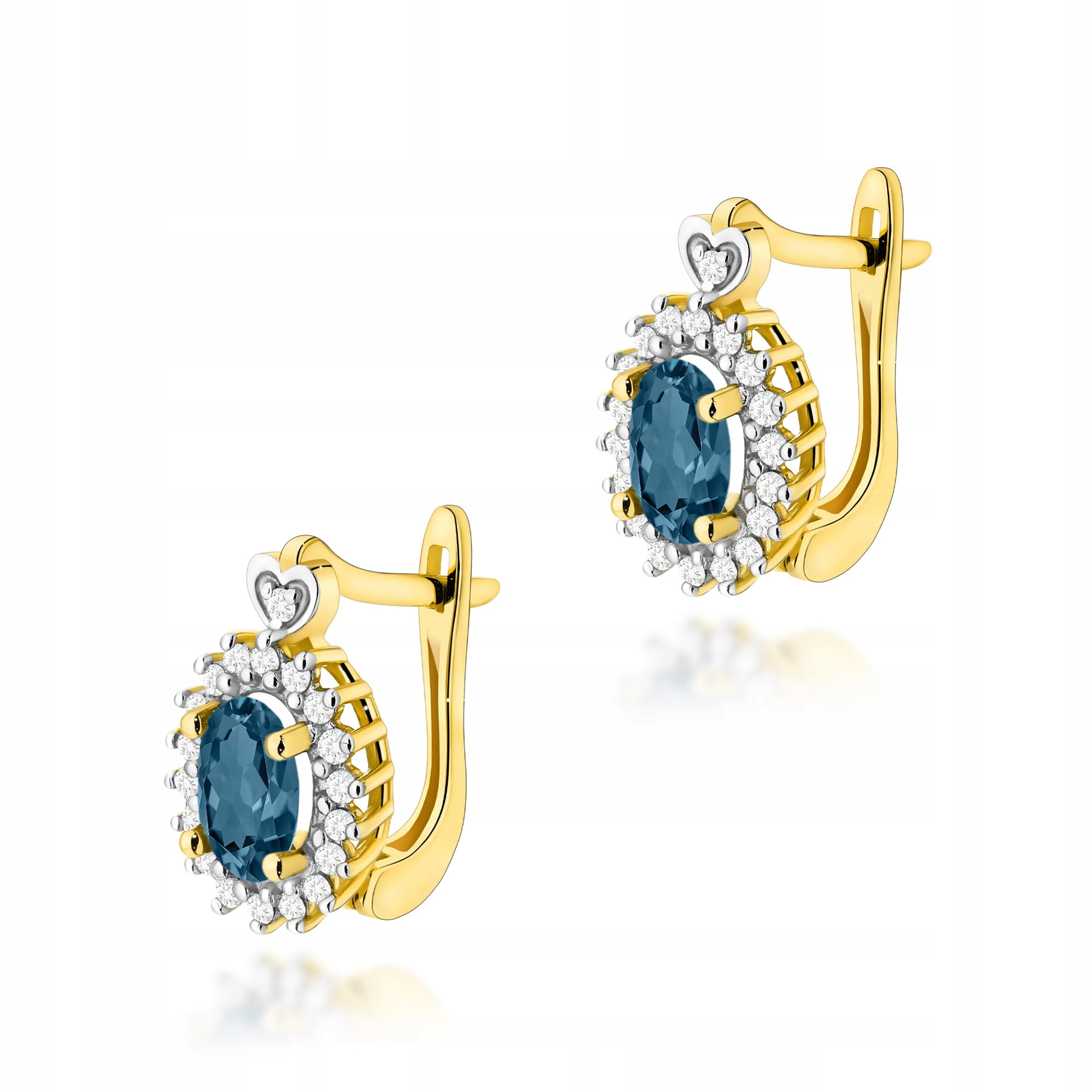 Zlato 585 náušnice modrý topaz London Blue přírodní diamanty 2 g