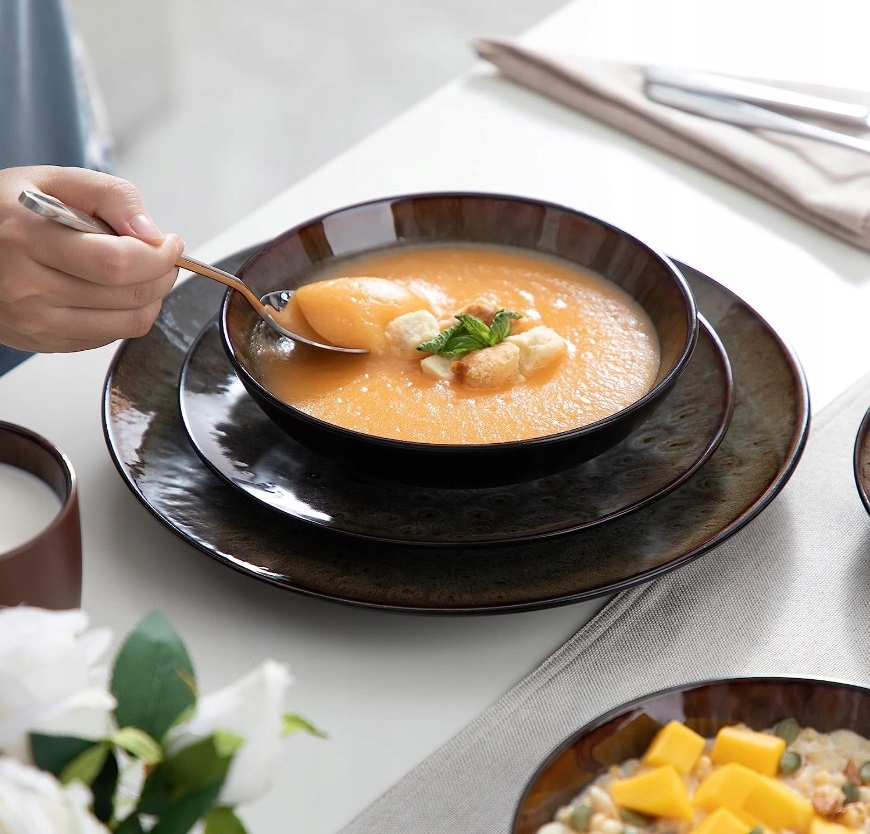 Zastawa obiadowa Vancasso boho kamionka brąz 16el dla 4 osób Informacje dodatkowe możliwość mycia w zmywarce możliwość użycia w kuchence mikrofalowej