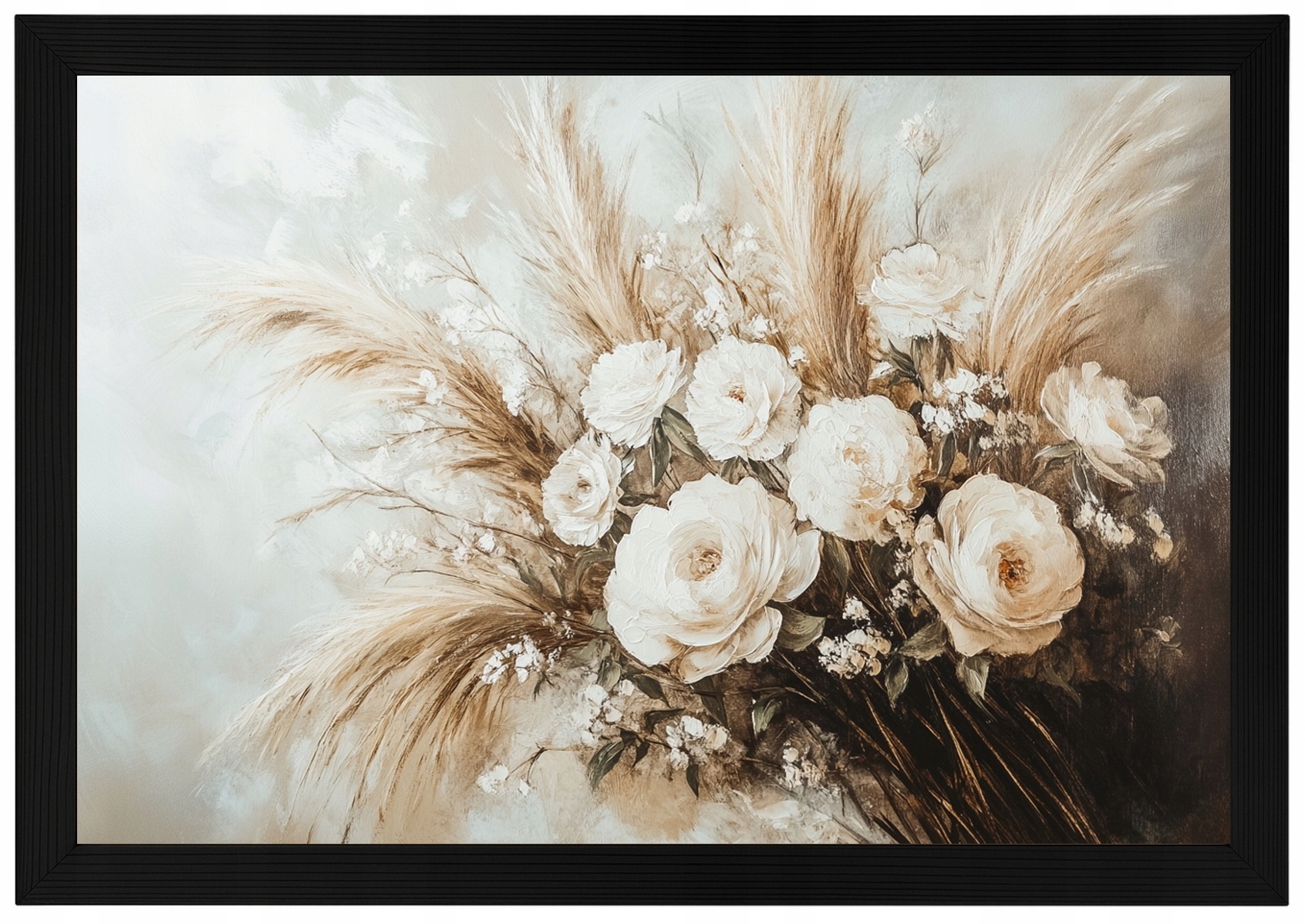 Plakát Rámeček Plakát Dřevo Kytice Tráva Pivoňka Růže Boho Kompozice 60x40