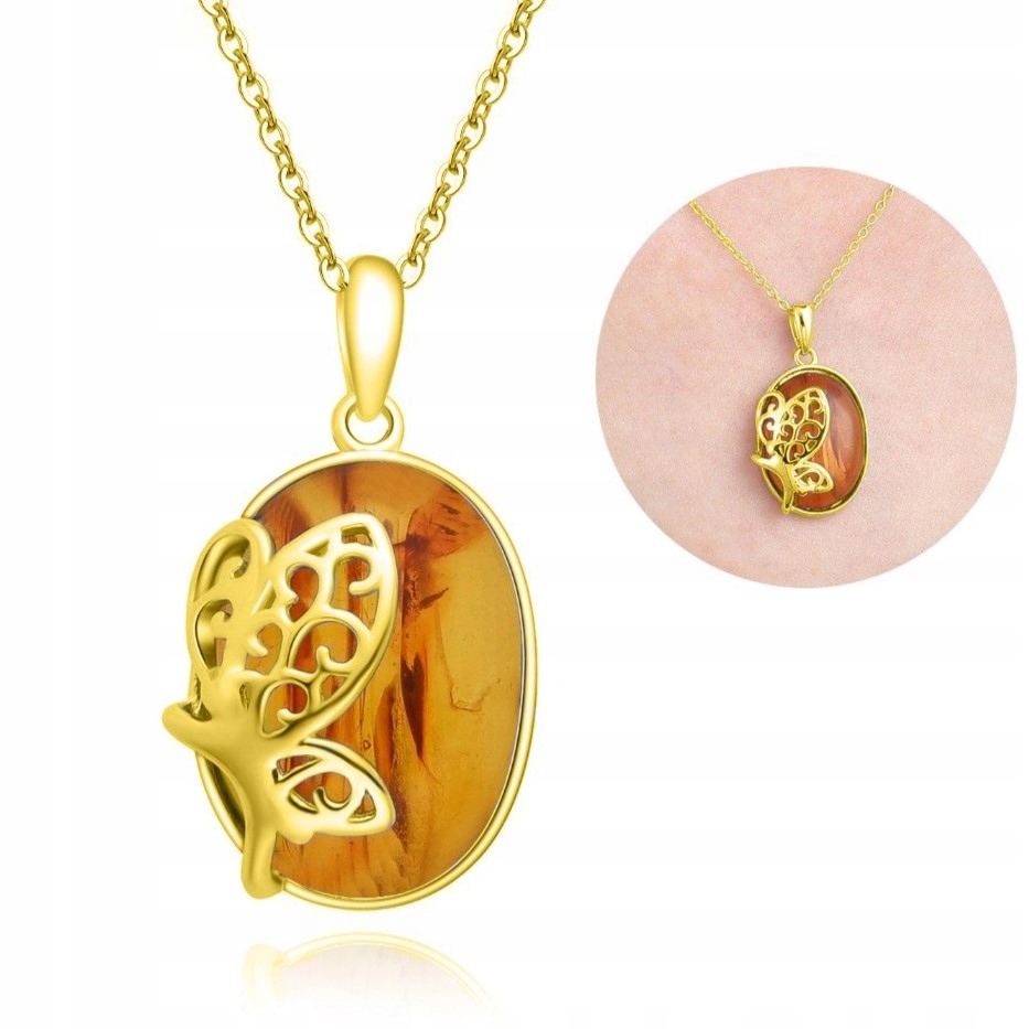 Dámský stříbrný náhrdelník s jantarem, pozlacený, s přívěskem stříbro, 925 50 cm