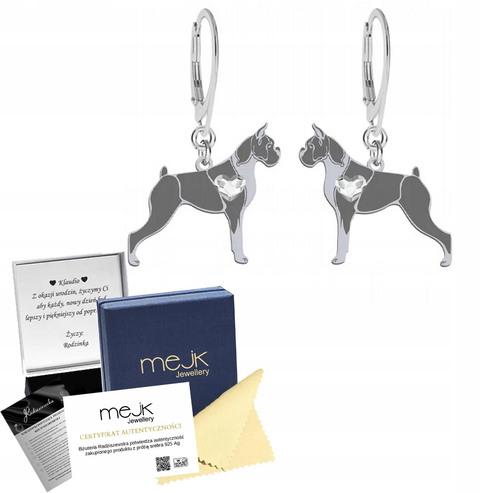 Stříbrné Náušnice se psem German Boxer 925 Šperky Dárek Gravírování Bonus