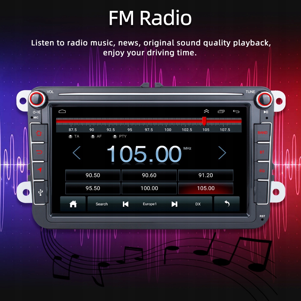 RADIO ANDROID 2DIN 2+32 GB 8 CALI VW PASSAT B6 B7 GOLF 5 V 6 VI SKODA SEAT Radio informacja RDS pasmo FM