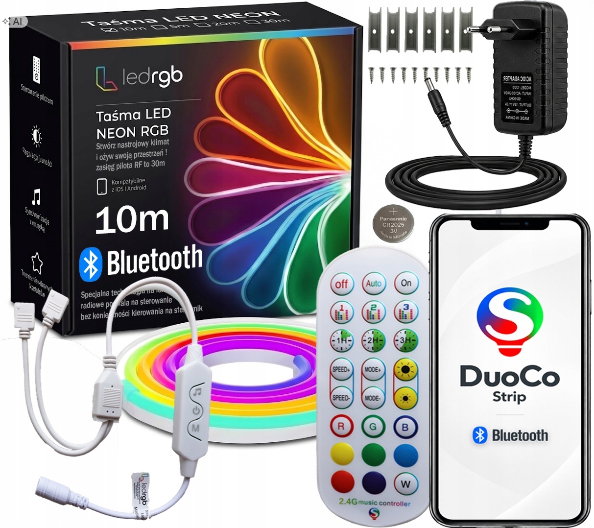 Set Led Pásek Neon 10M (1x10m) Rgb Apka Dálkový Ovladač Rádiový 2.4 Napájecí Zdroj IP67
