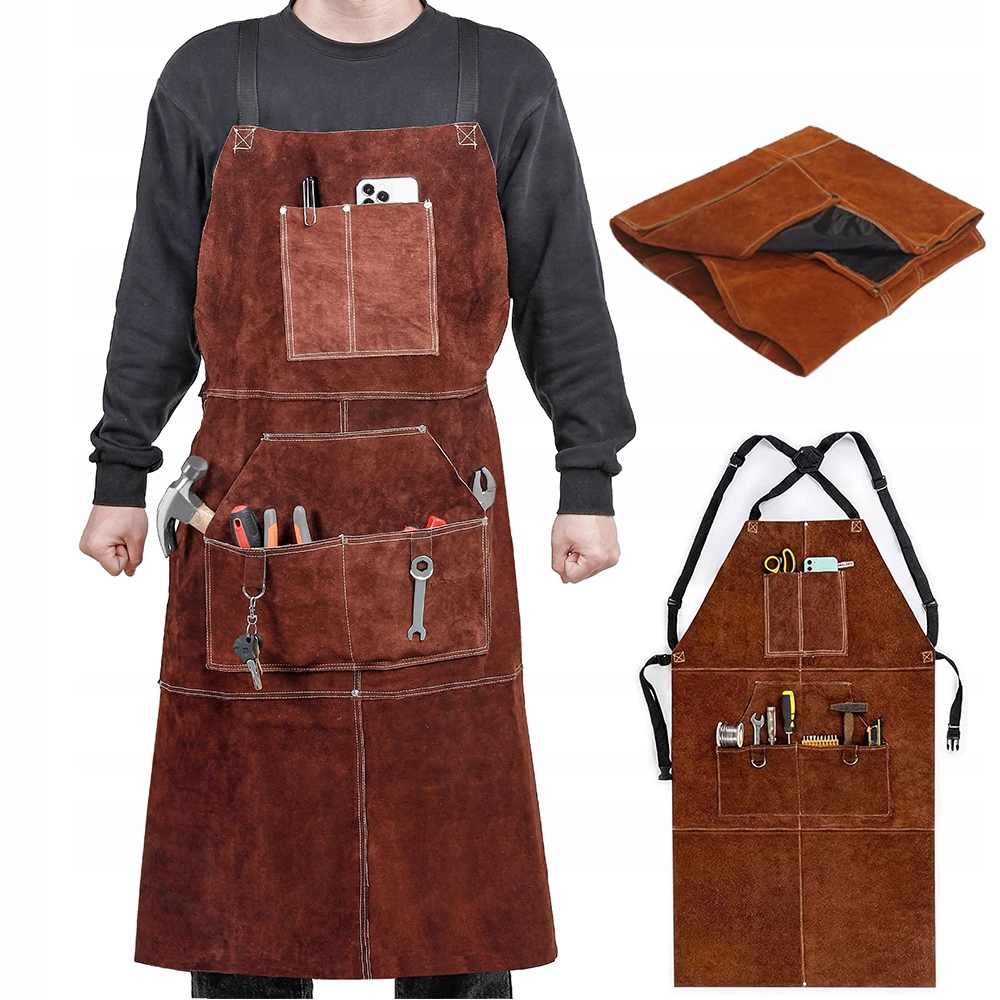 Kožená Ochranná Zástěra Pro Svařování Dílenských Prací, 6 Kapes, Odolná