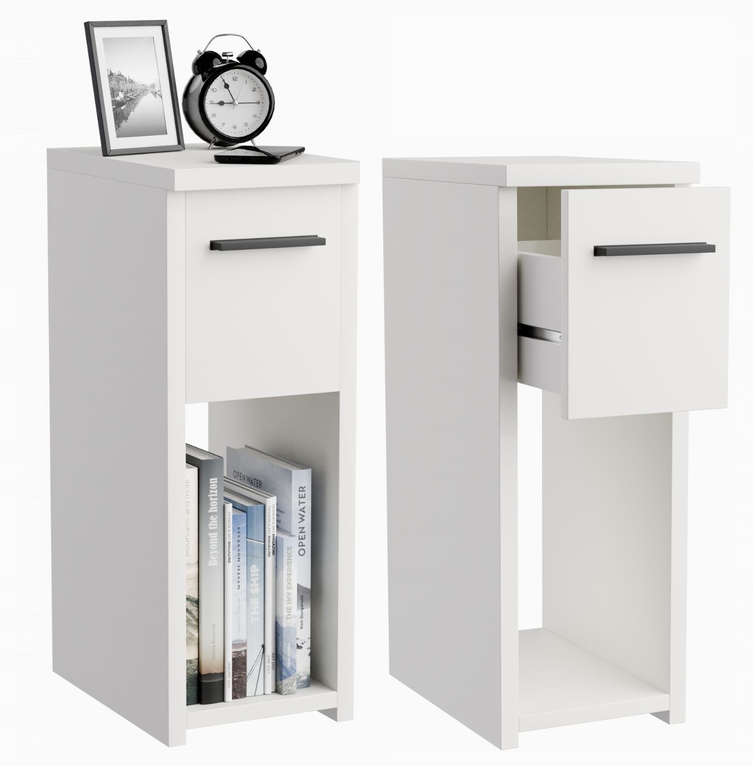 Sada 2 Kusov Nočných Stolíkov Úzke Biele 20x30 CM So Zásuvkou A Poličkou Stolík