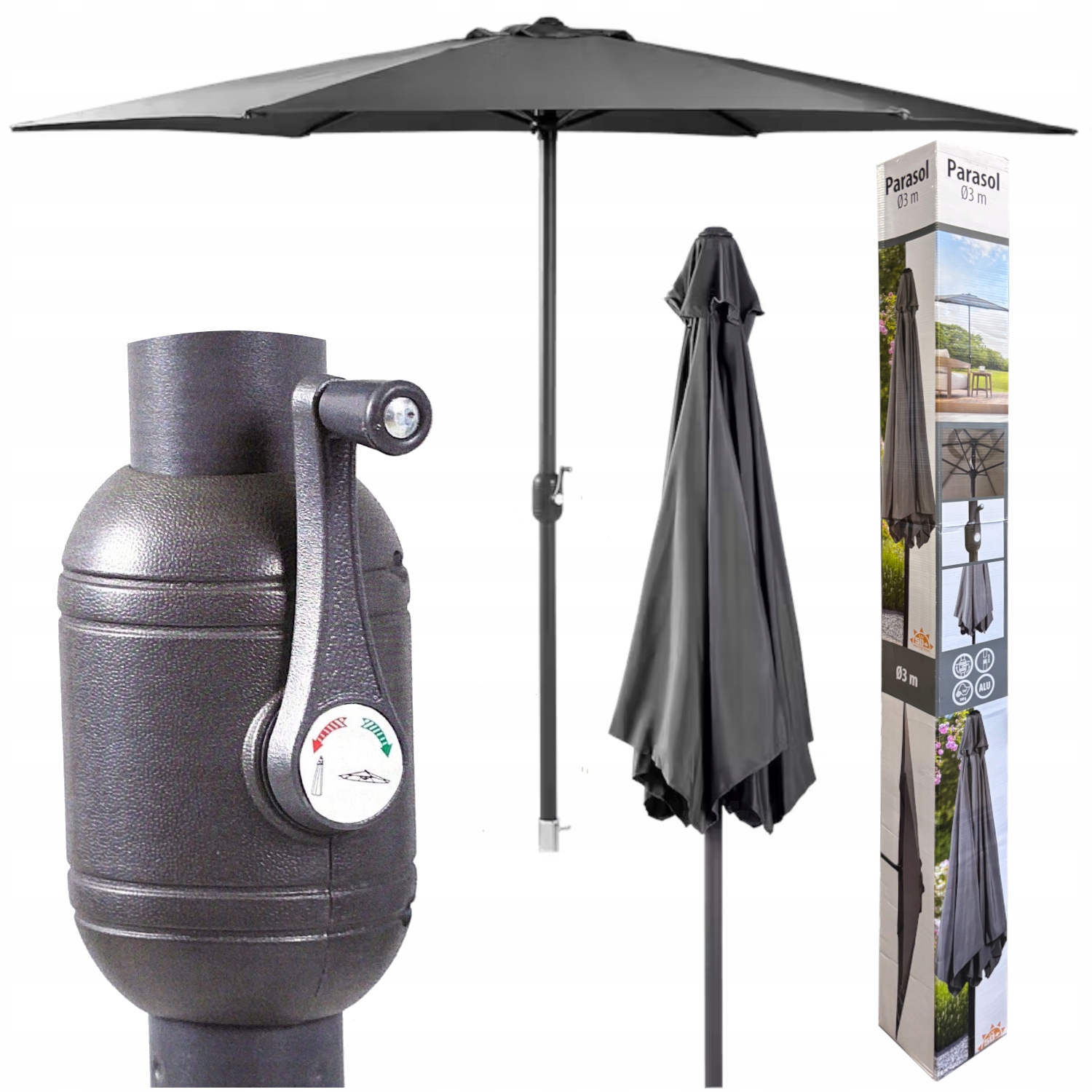 Parasol Ogrodowy Duży Składany Na Taras Solidny Szary UV50+ Ø 3M