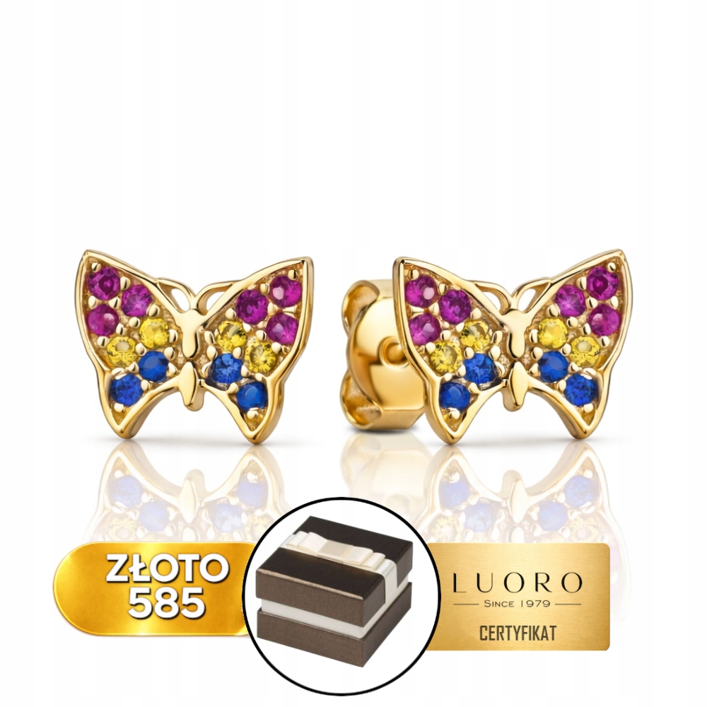 Náušnice Zlaté 585 14K Motýlek Se Zirkony 8 MM Krabička Dárek