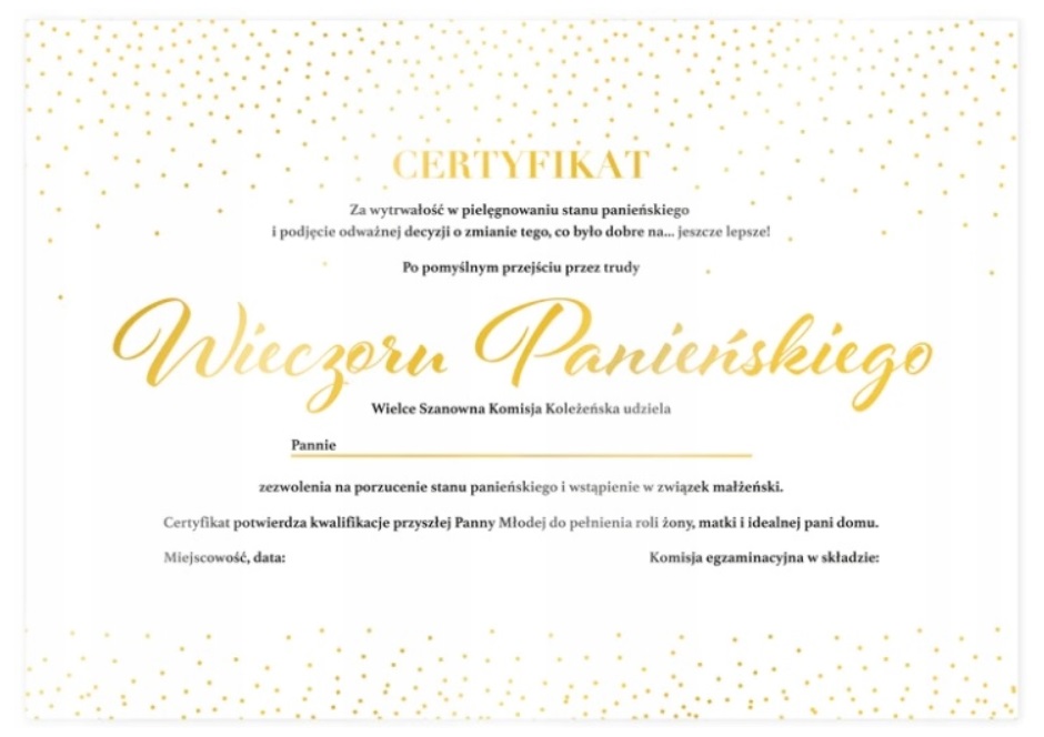 

Certyfikat Przyszła Panna Młoda Wieczór Panieński