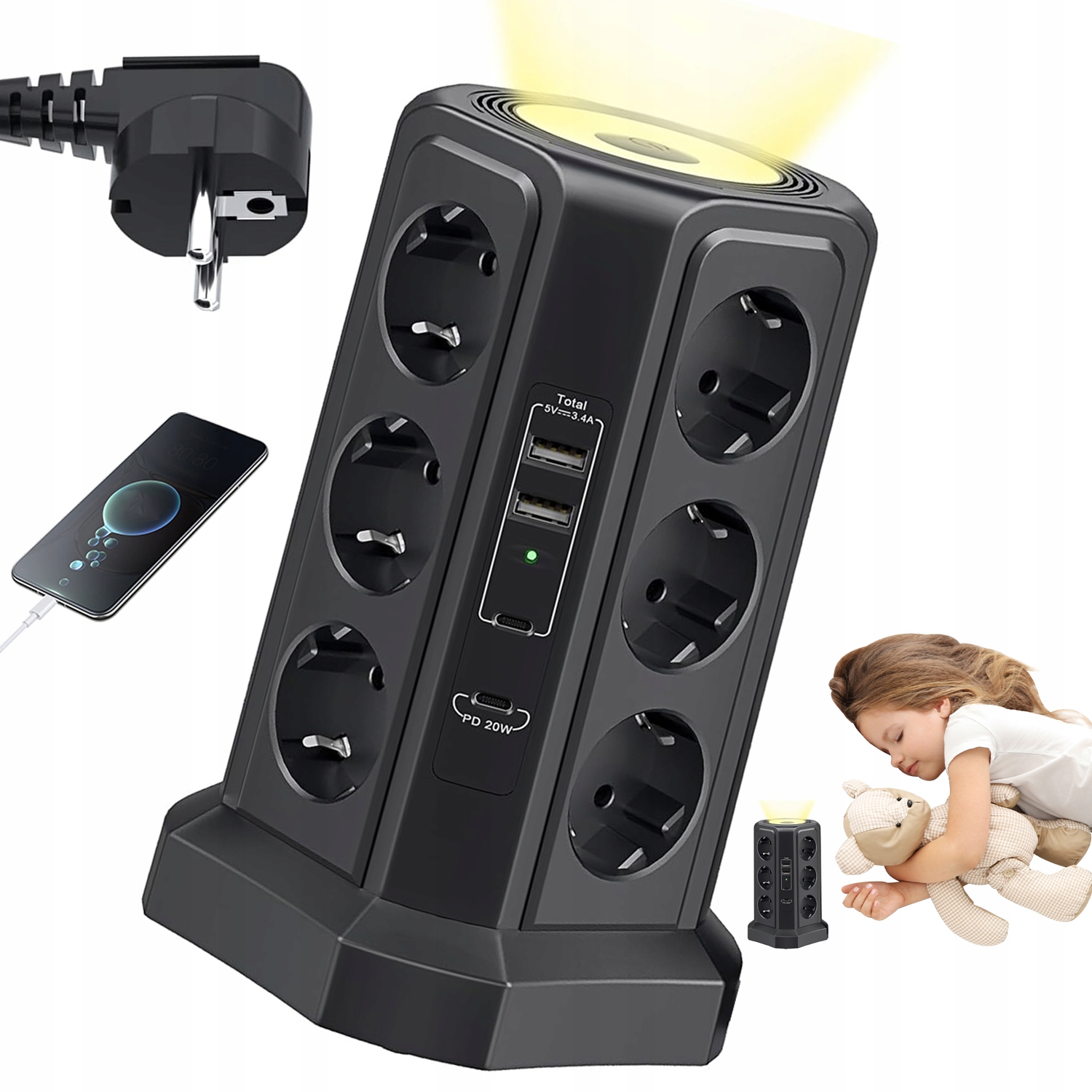 Lišta S Led Osvětlením 12 Zásuvek 4 Usb 2x Usb-c PD20W Dotyková 3 Jasy