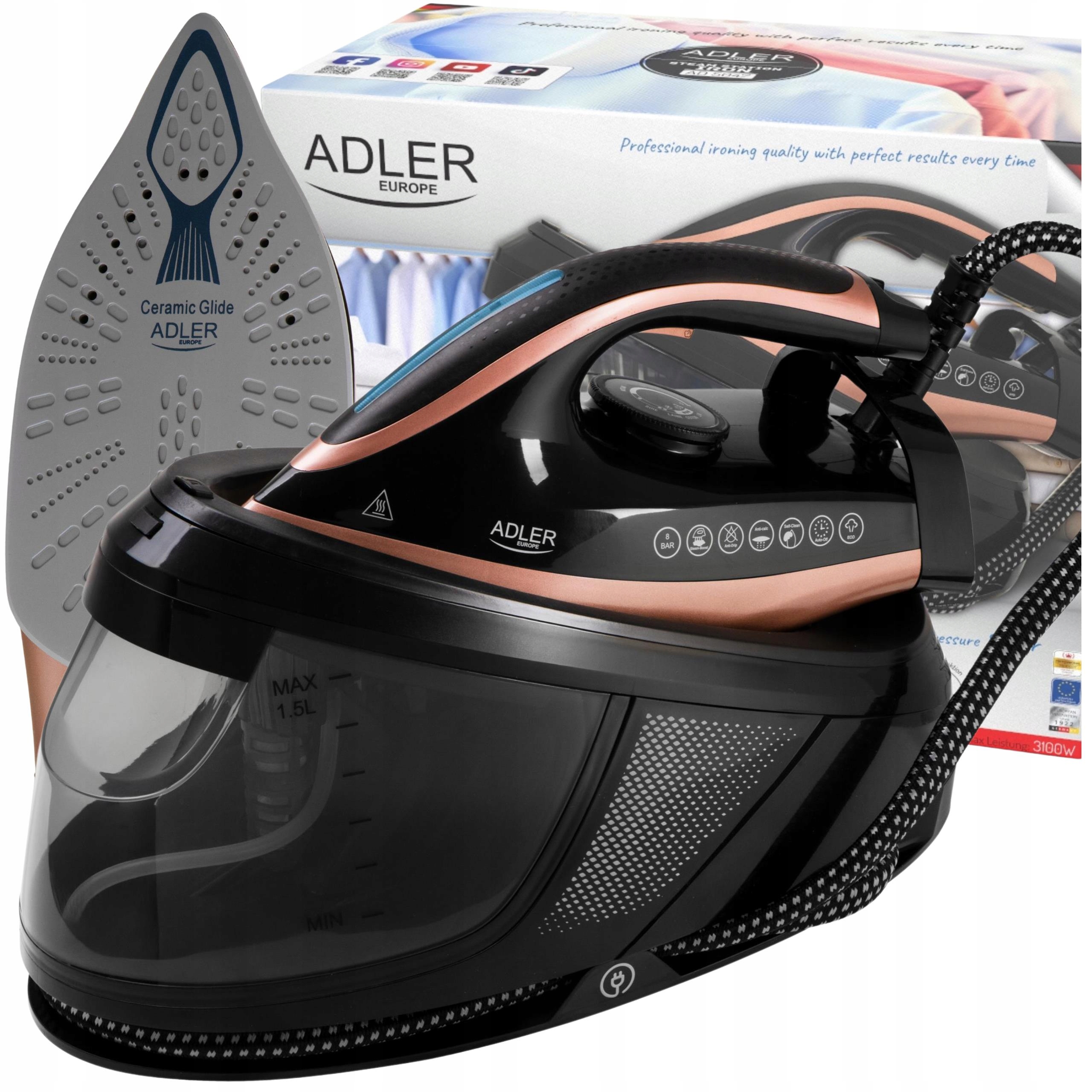 Żelazko ze stacją parową Adler Generator pary 8 Bar Anti-calc Anti-drip