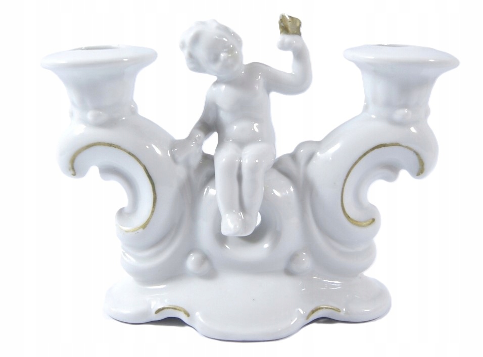 LIPPELSDORF- STARY, PORCELANOWY ŚWIECZNIK - PUTTO- antyk