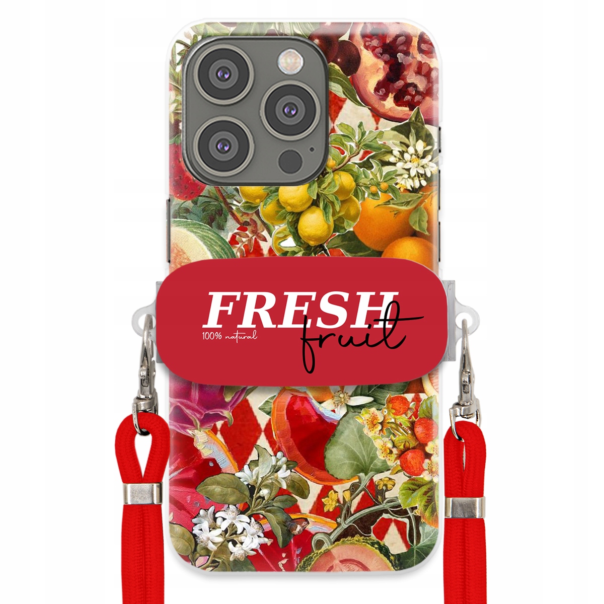 Puzdro pre iPHONE 15 Pro Červené crossbody vodítko držiak Fresh Fruit Ovocie