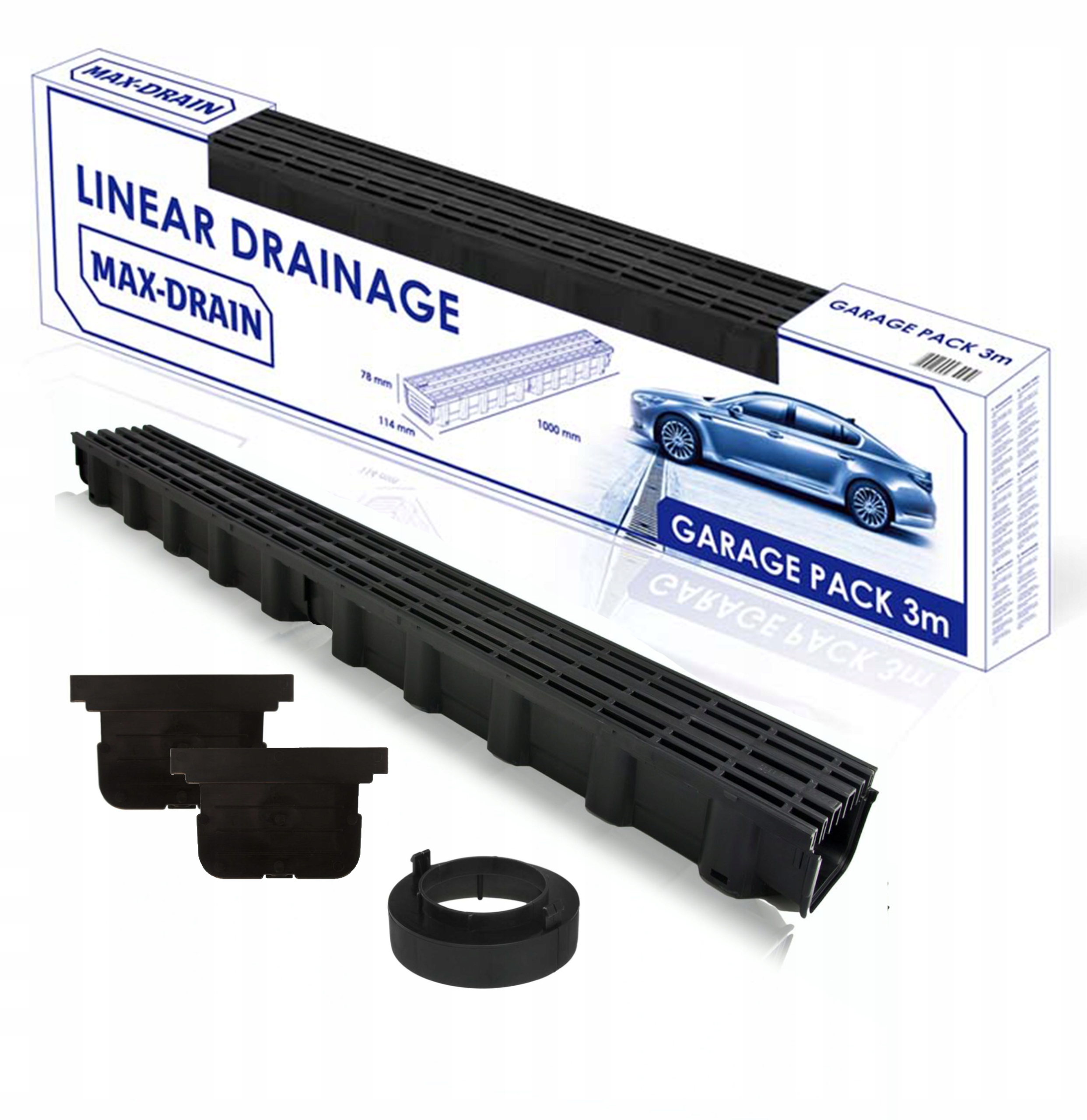 Lineární odvodnění garáže 3 m x 78 x 114 mm s černou mřížkou Pp A15 do 1,5 tuny