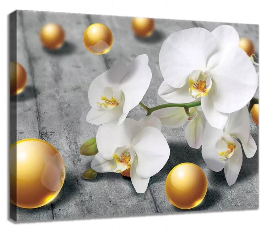 Obraz 80x60 Orchidej bílá zlatá koule lesk luxus elegance klid