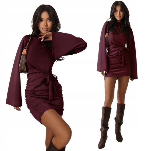 Sukienka Mini Wiązanie Szerokie Rękawy Wiskoza Bordowa