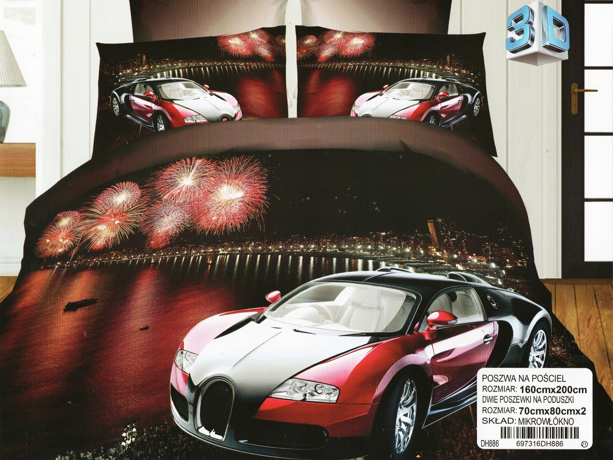 

Pościel 3D Satyna Bawełniana 160/200 3 Części Auto