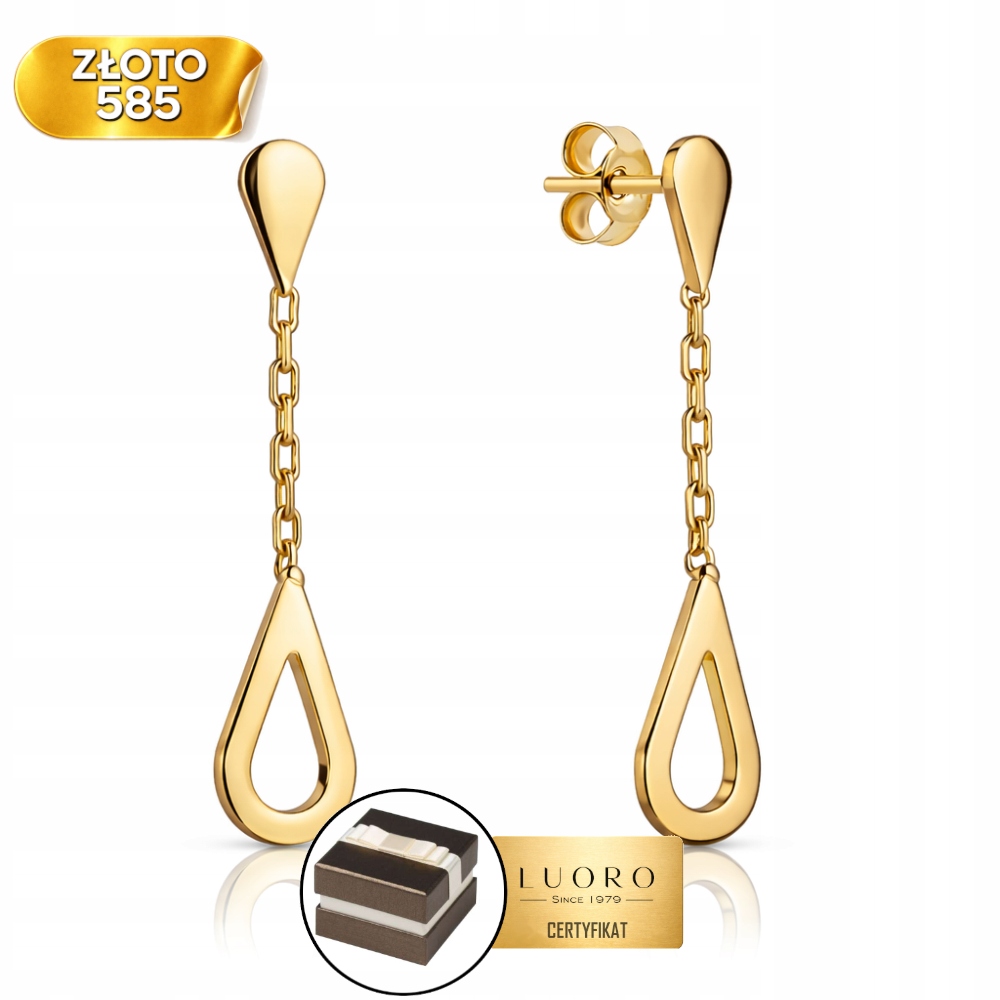 Náušnice Závěsné Zlaté 585 14K Slza Kapka 2,6 CM Krabička Dárek