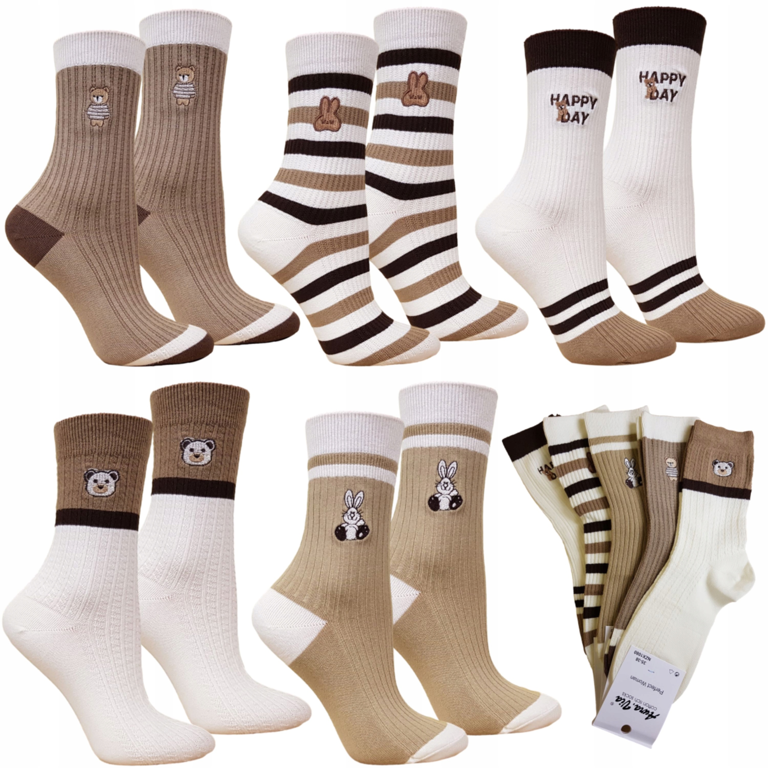 5 X SKARPETY DAMSKIE BAWEŁNIANE Z HAFTEM SKARPETKI JAKOŚĆ PREMIUM