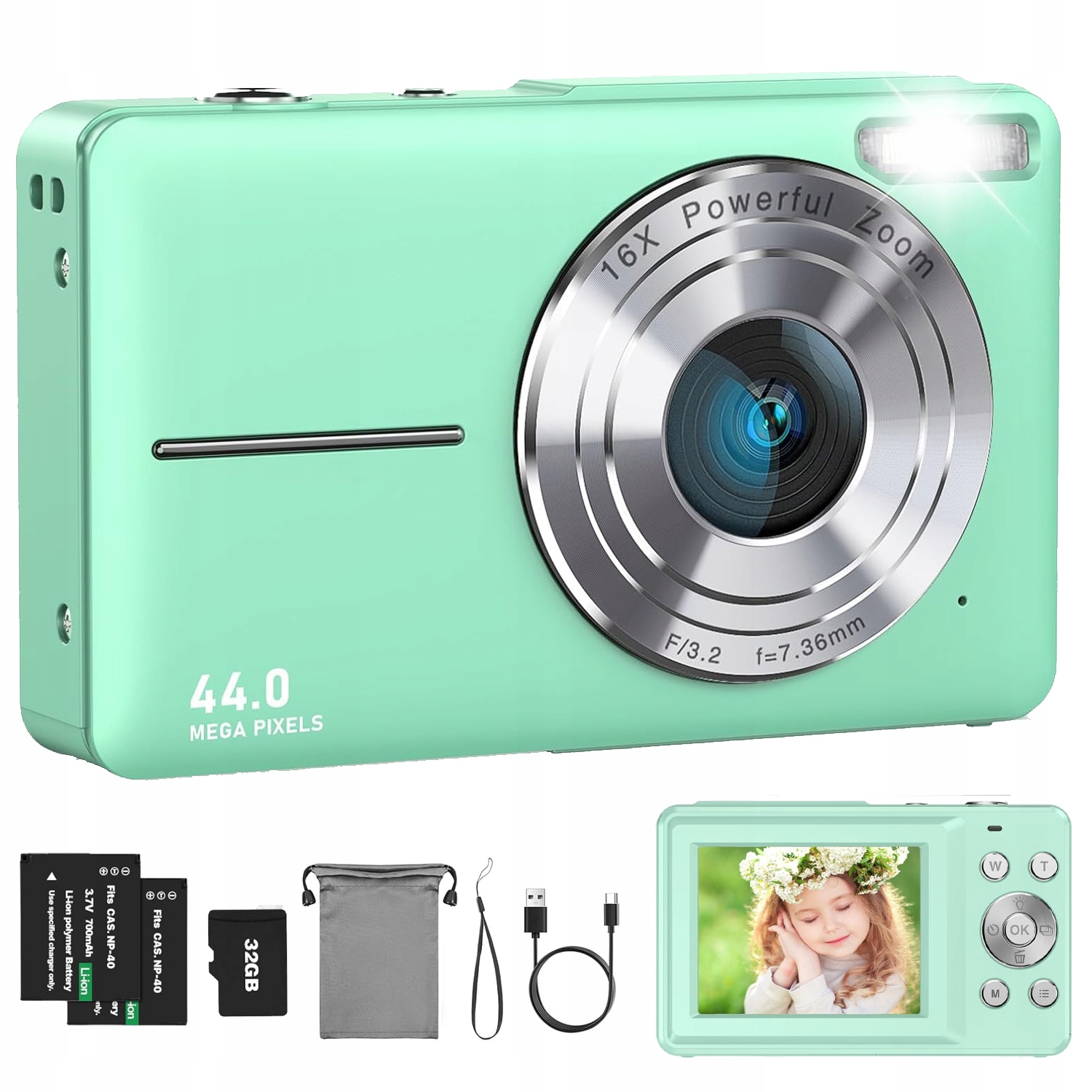 Digitální Fotoaparát Hd 1080P 44 Mp 16X 2 Baterie 32G Paměťová Karta Zelená