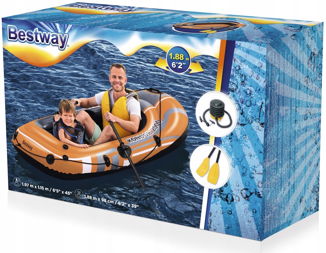 WIELKI 2os PONTON + WIOSŁA + POMPKA BESTWAY 61062 Długość 188 cm