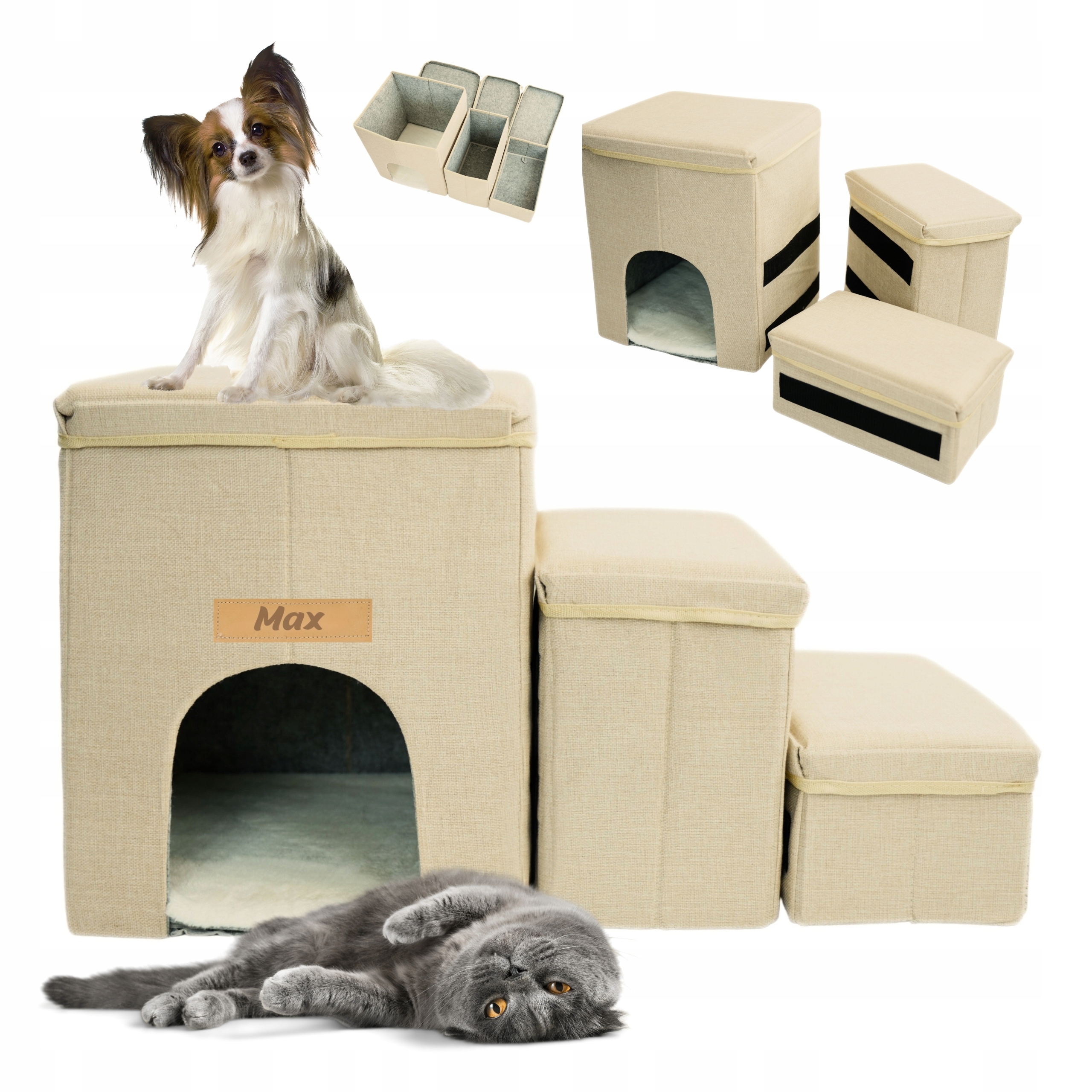 Levně Skládací schůdky pro psa kočku s úložným prostorem a boudou, 3 stupně Gravírování