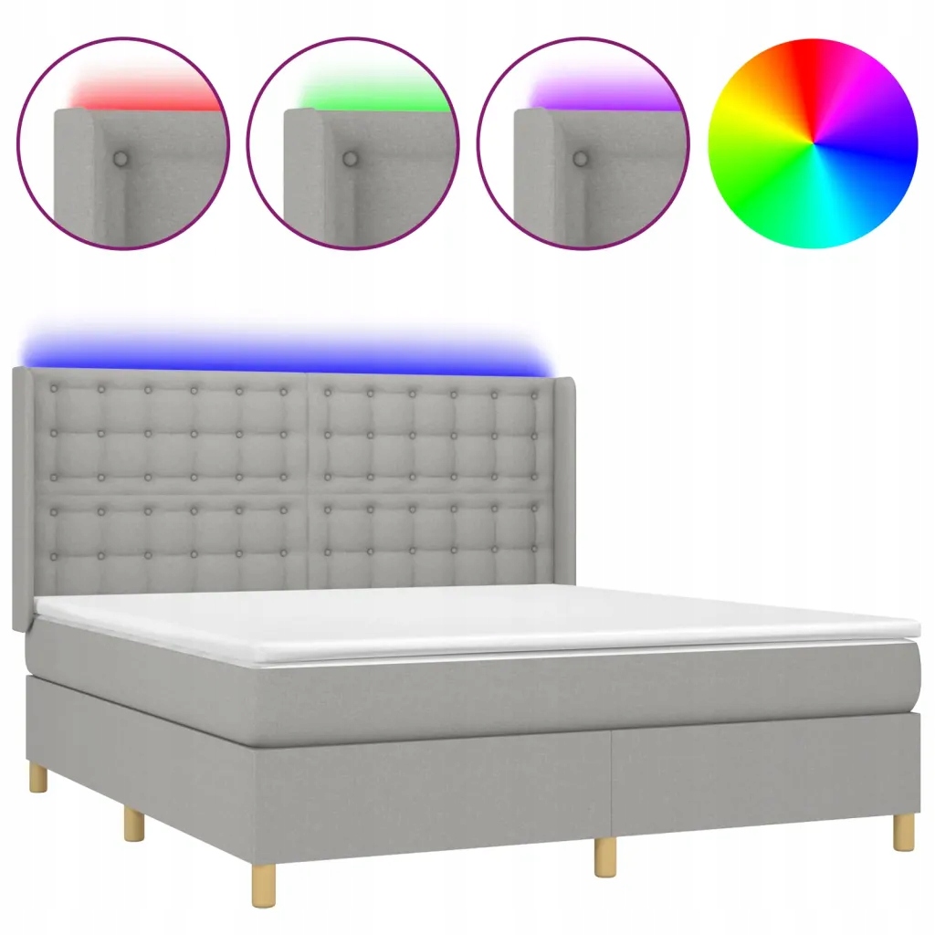Kontinentální postel světle šedá s matrací 180 x 200 cm a Led diodami