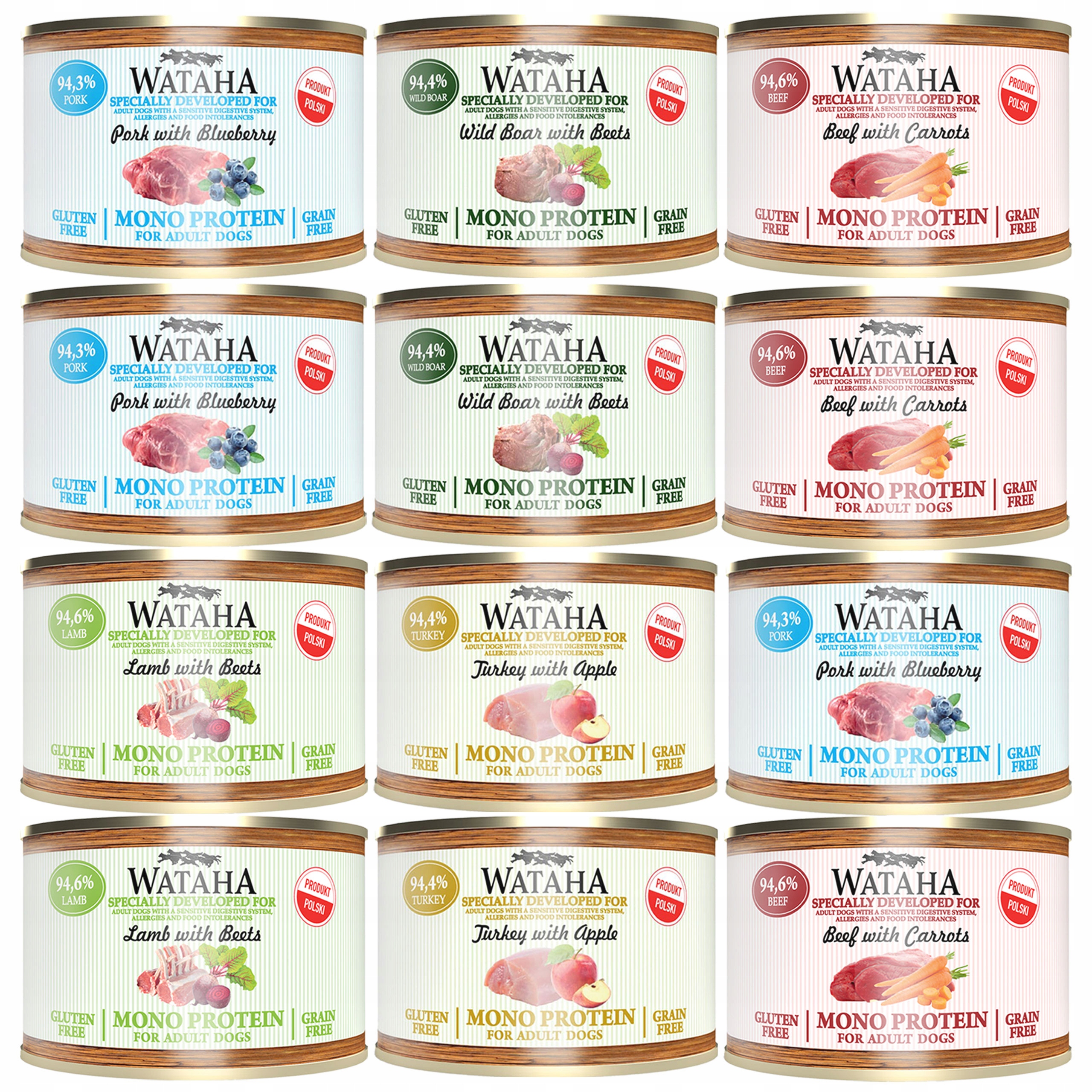 Wataha Mono Protein Adult krmivo pro psy mix chutí 12 x 185 g