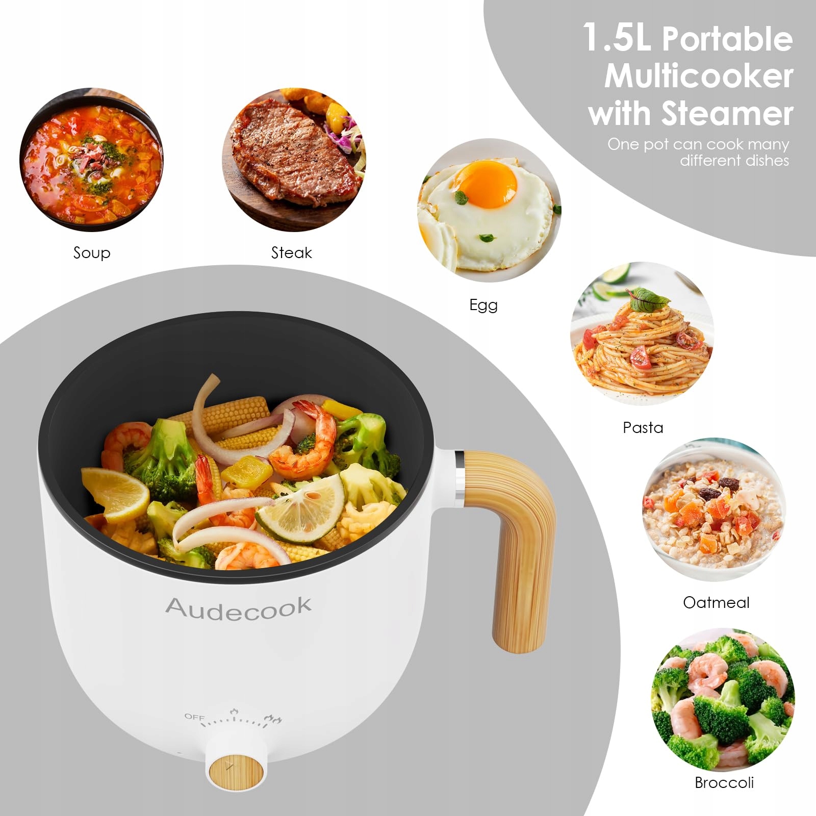 AUDECOOK Elektryczny Garnek I Parowar 1,5L Przenośny Mini Multicooker — miniatura 2