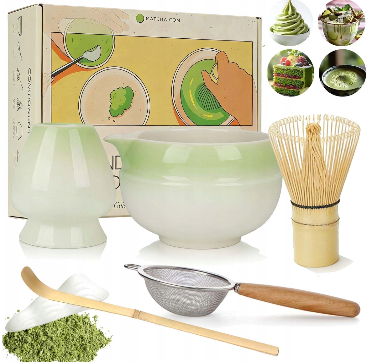 Sada Pro Matcha 7 Prvků Gradient Zelená S Podstavcem A Lžící A Sítkem