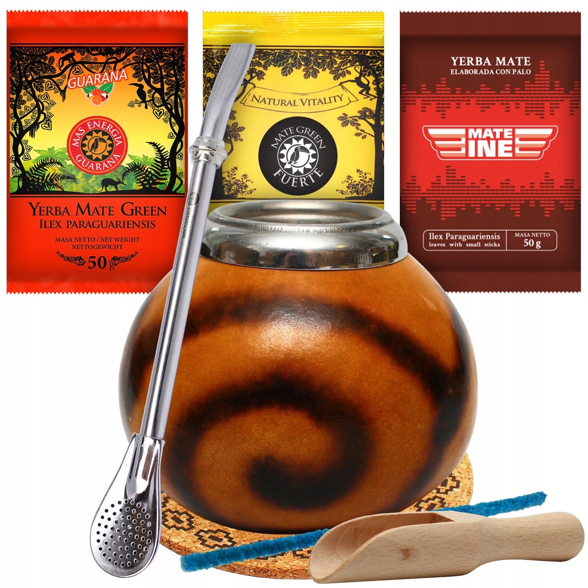 Levně Set Yerba Mate Velká přírodní Tykva bombilla Příslušenství 3x50g Guarana