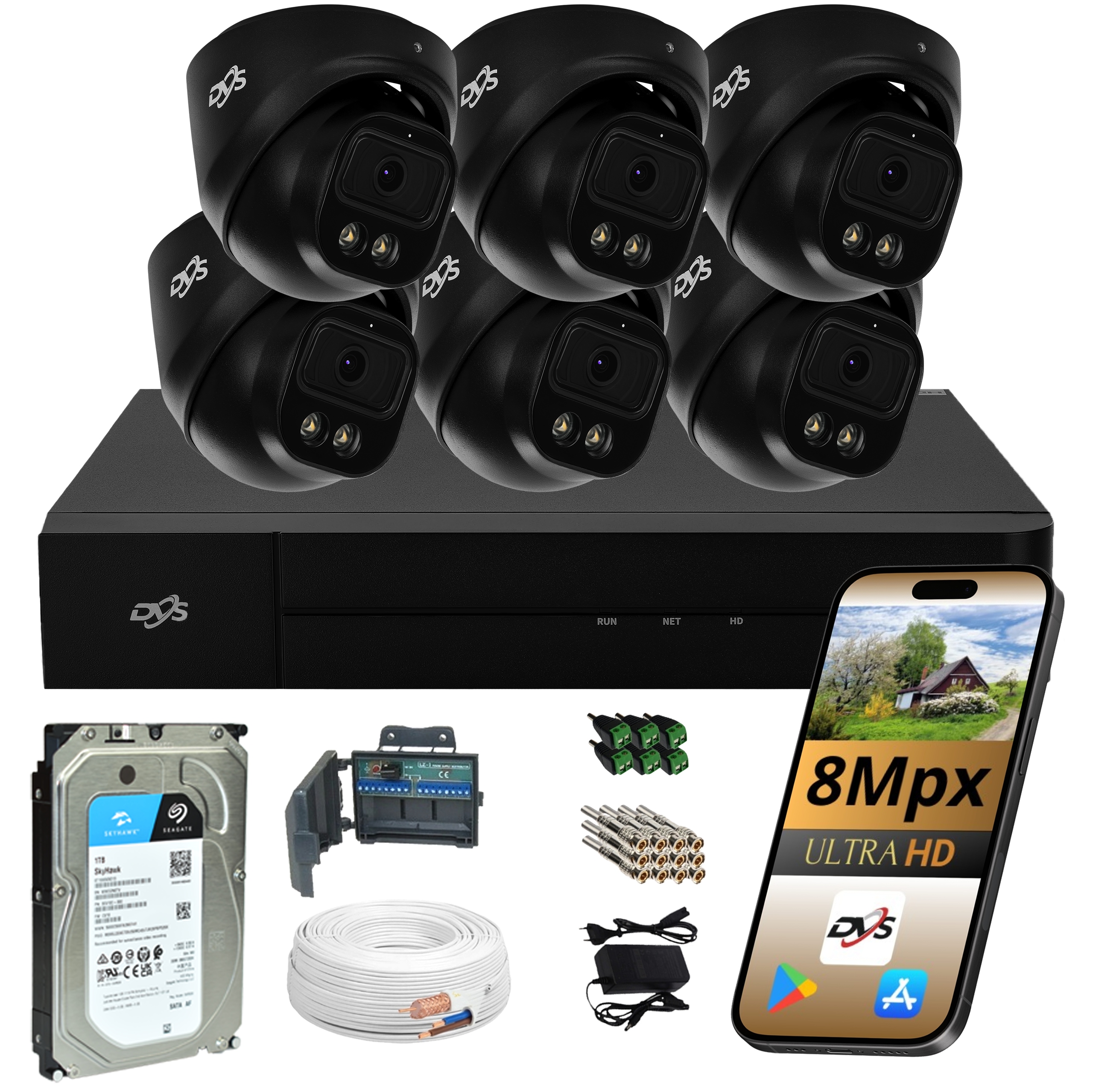 Kompletné Analógové Monitorovanie 6 Kamier 8MPX Čierne Led Kupoly Ir Disk 1 Tb