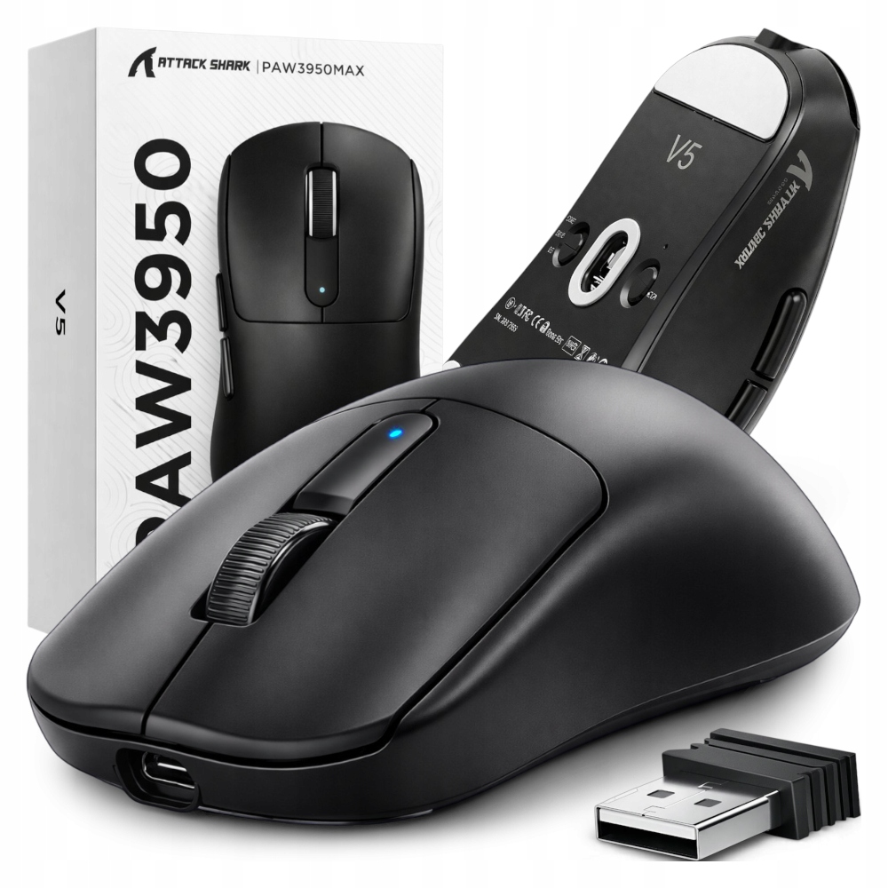 Attack Shark V5 Bezprzewodowa Mysz gamingowa optyczna czarna BT/USB-C/2.4G