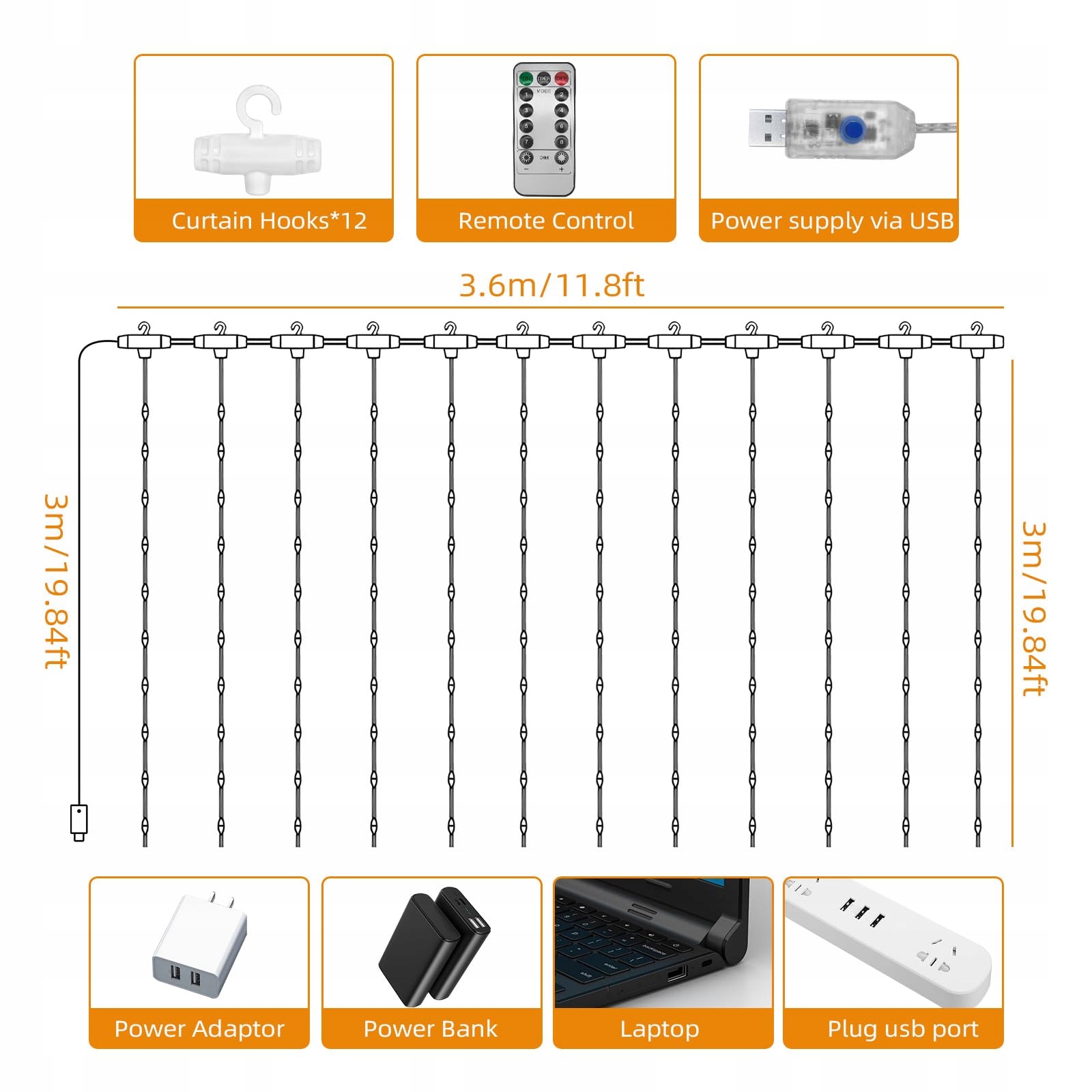 JSDOIN Kurtyna Grilanda Zasłona Świetlna Lampki Dekoracyjne 360LED 8 Trybów — miniatura 4