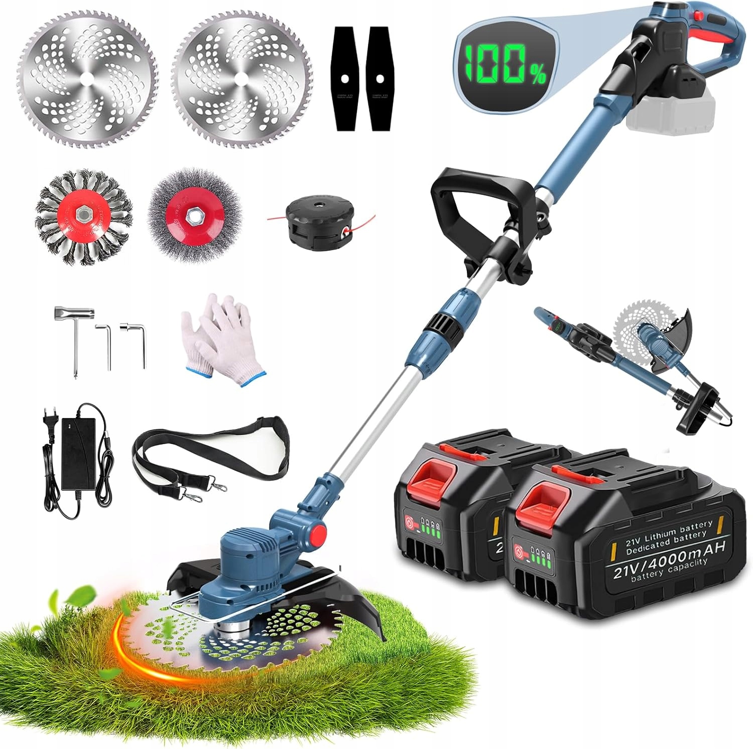 Akumulátorový vyžínač a kefa na burinu, 5 v 1, farba zelená