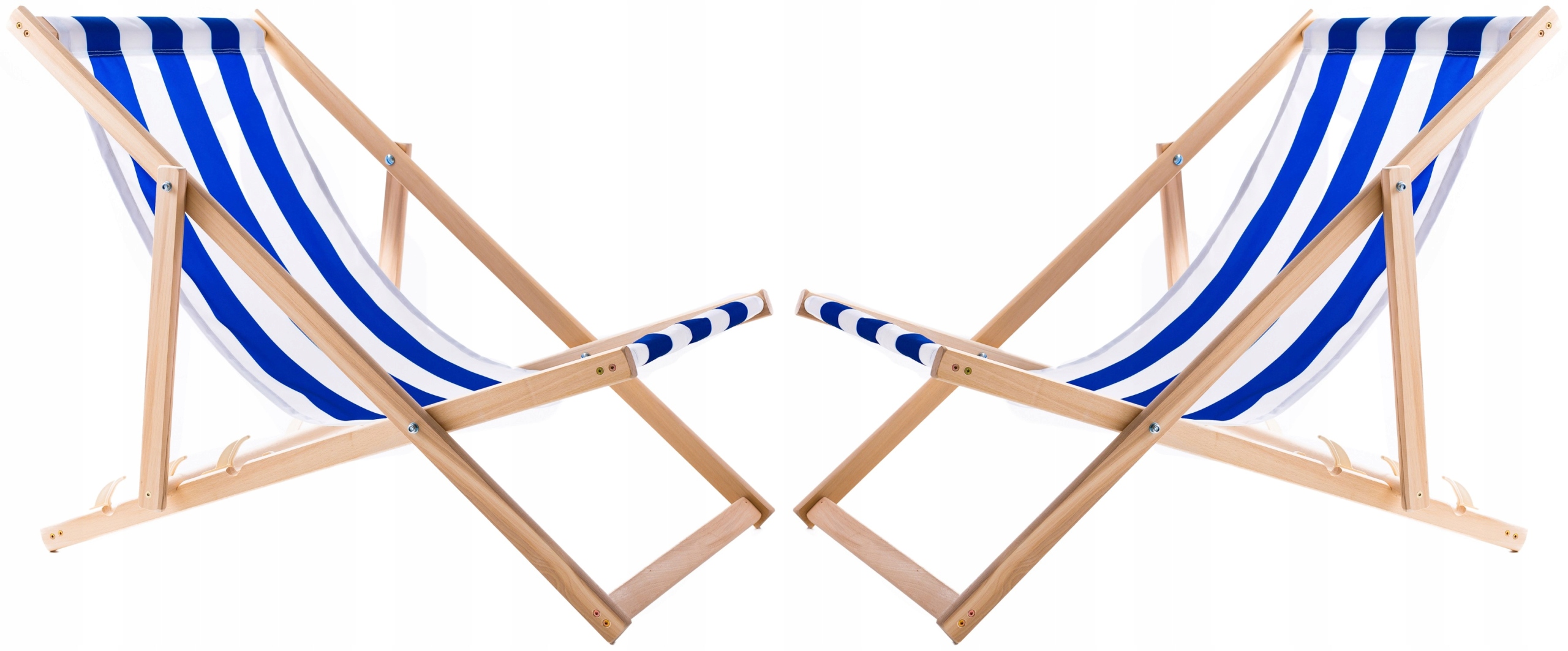 2 X Skladací Drevený Záhradný Plážový Ležadlo Woodok S Modrými Pruhmi