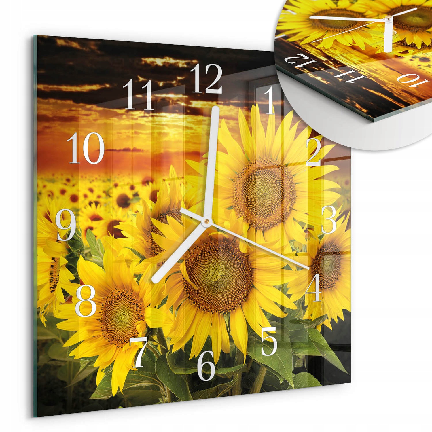 Designové skleněné hodiny do interiéru s grafikou Slunečnice Čtverec 30 x 30 cm